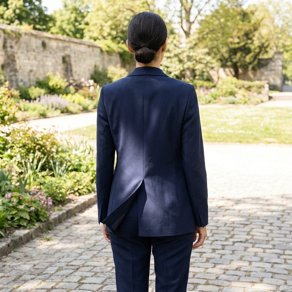Woman in a houndstooth blazer seen from behind, the back vent spreading open about three inches while she stands still.