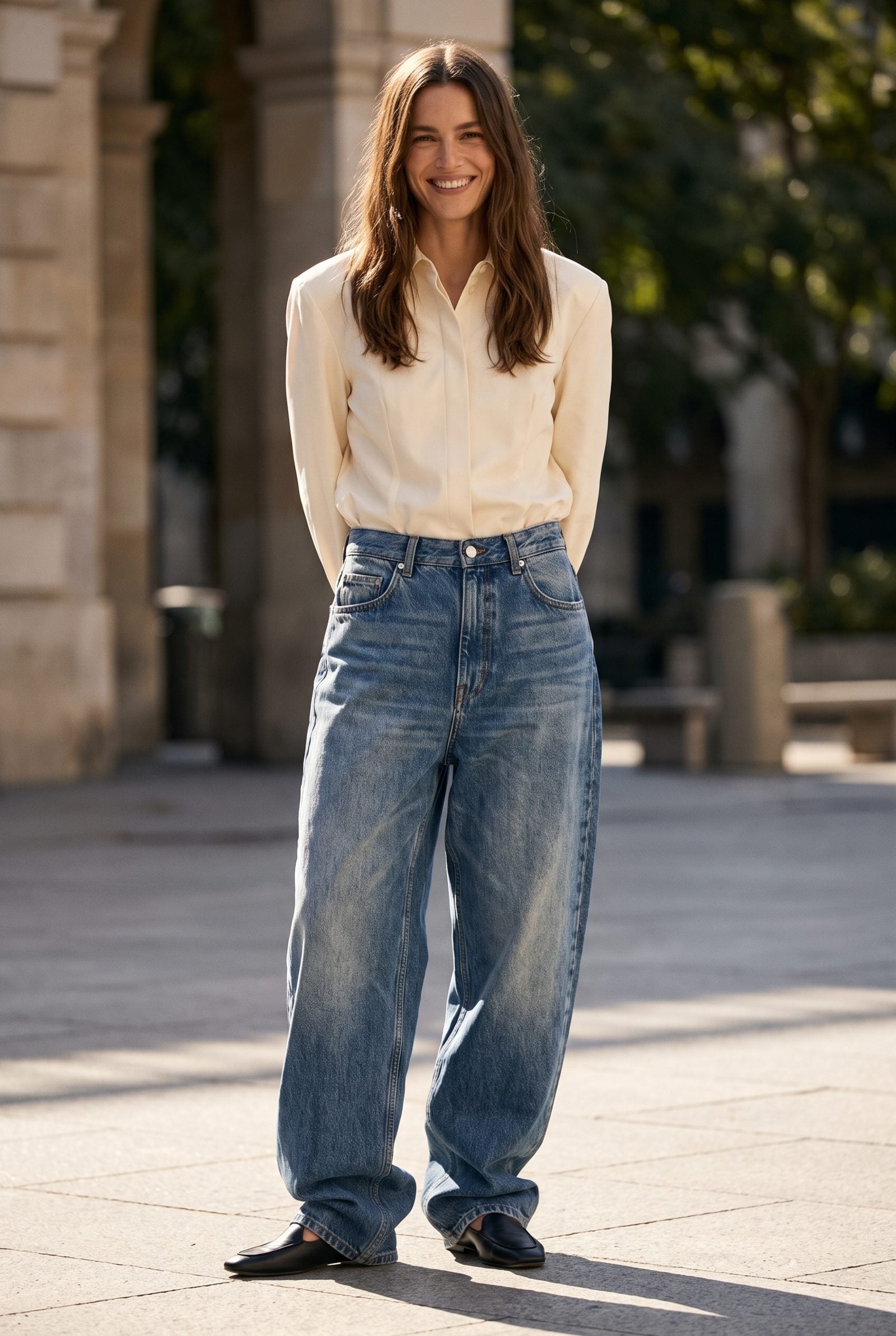 Baggy Boyfriend Jeans Paired With Delicate Low-Vamp Loafers