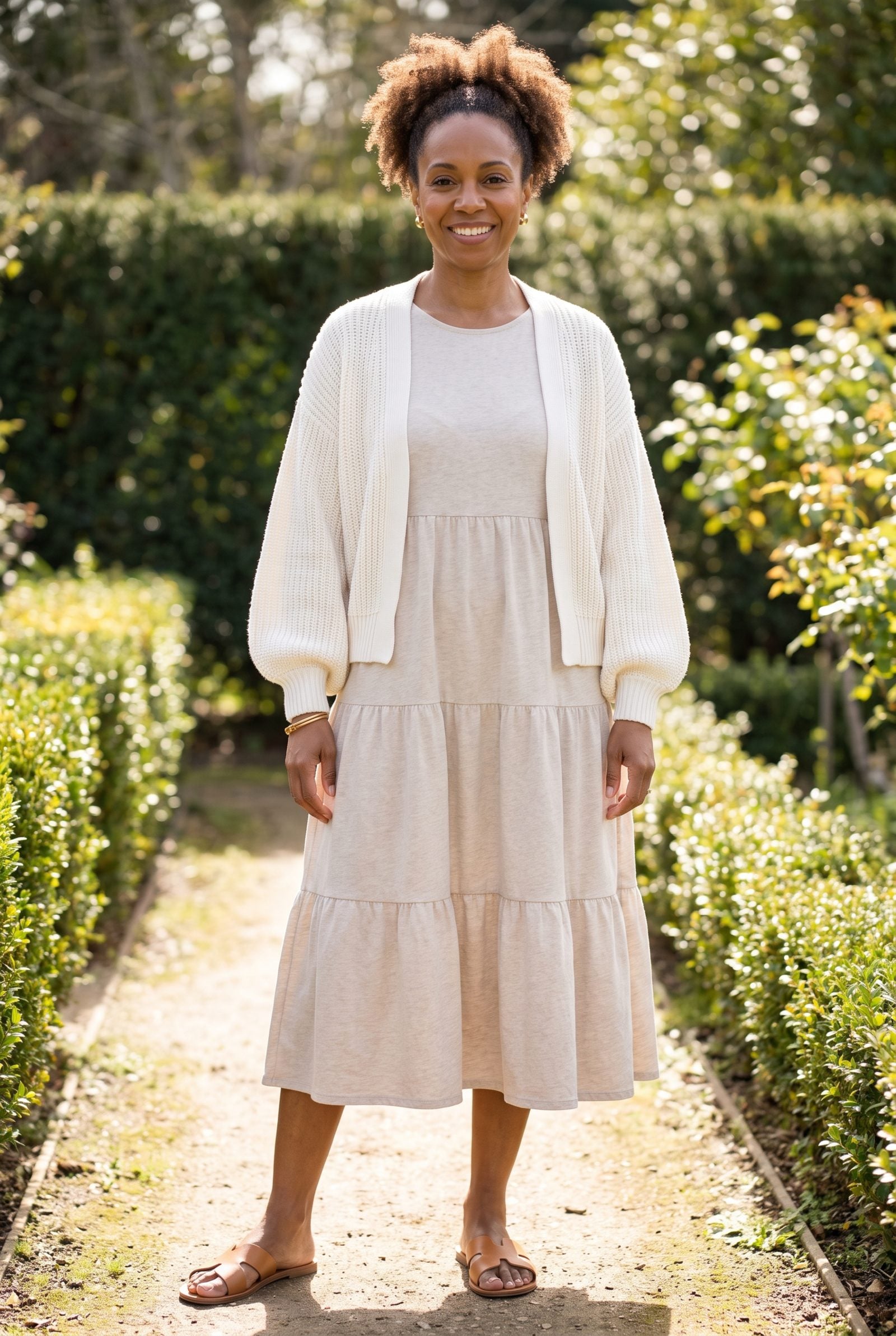 Woman in an oatmeal tiered smock dress under a balloon-sleeve chunky cardigan, sleeve volume stacking over the dress tiers.