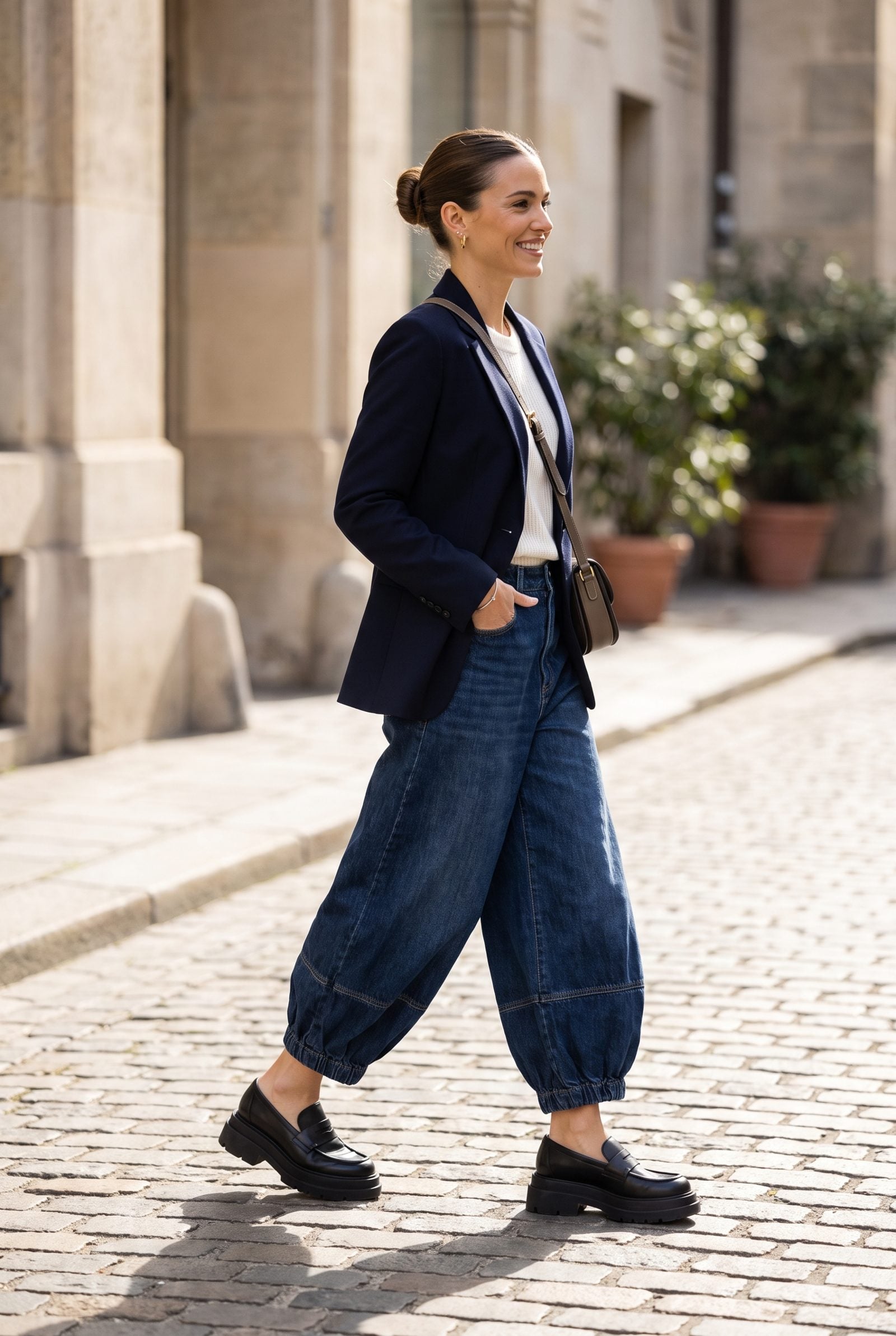 Woman in cinched barrel-leg jeans and oversized platform loafers, volume stacked at both calf and shoe.