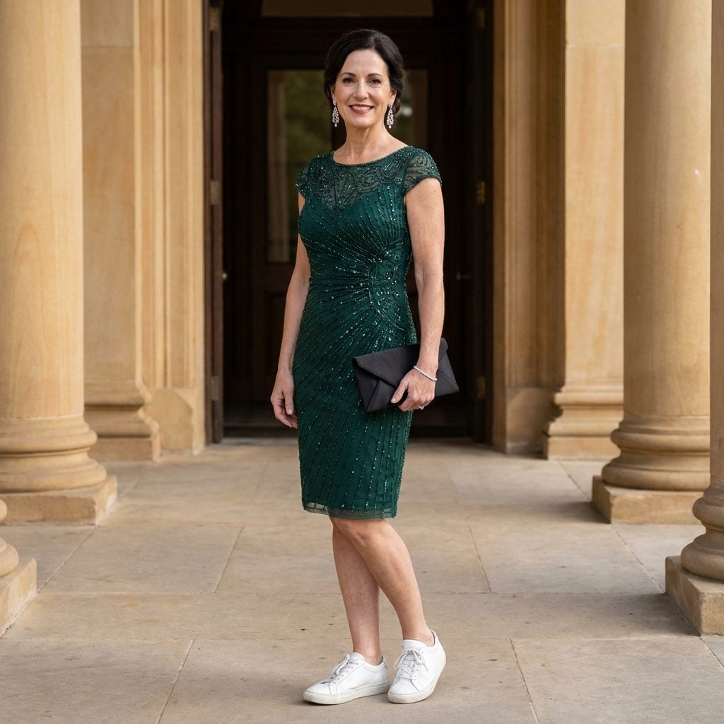 Woman in an emerald beaded cocktail dress with plain creased white leather sneakers.