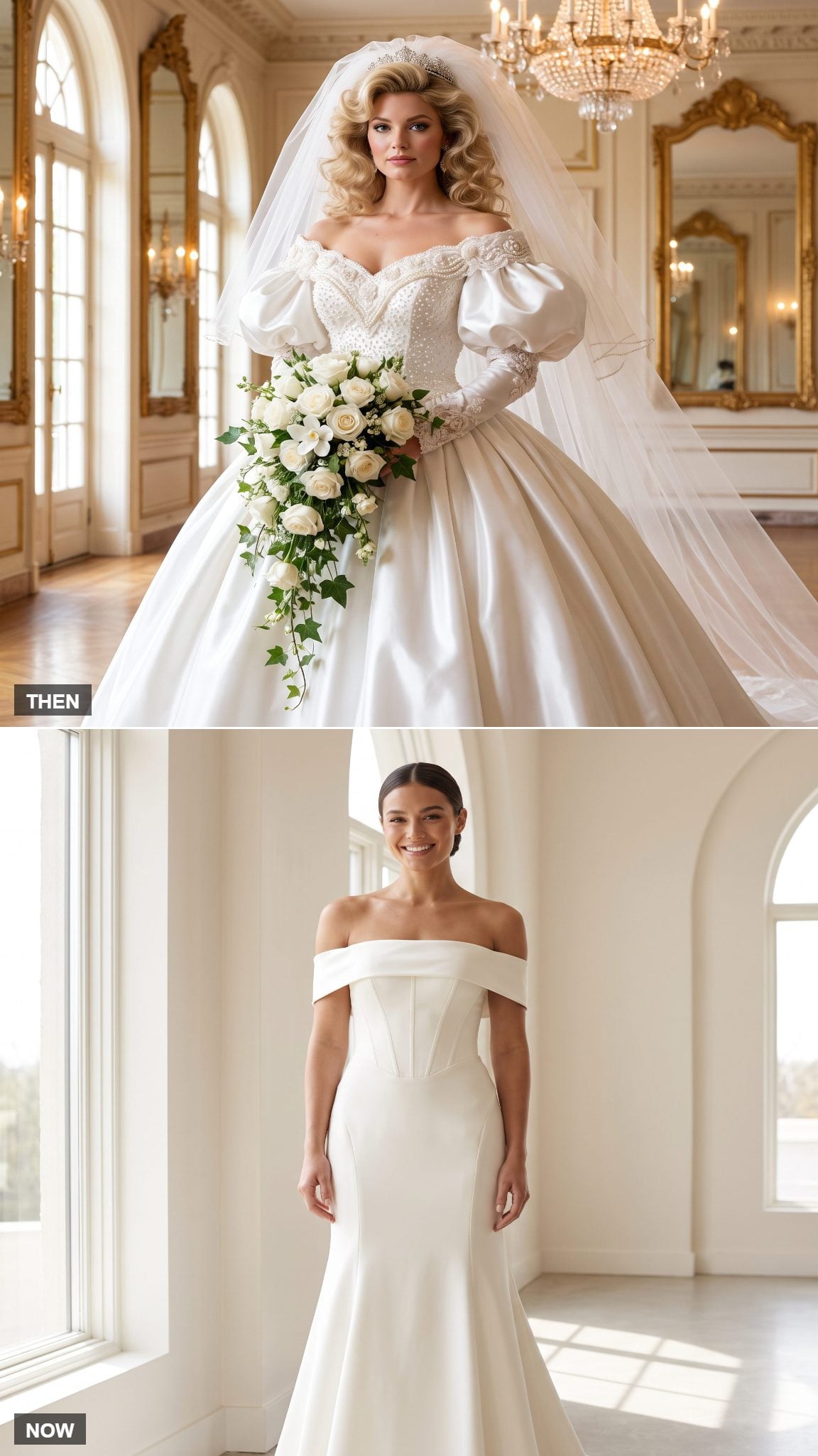 Beaded Portrait-Neckline Gown to Minimal Off-Shoulder