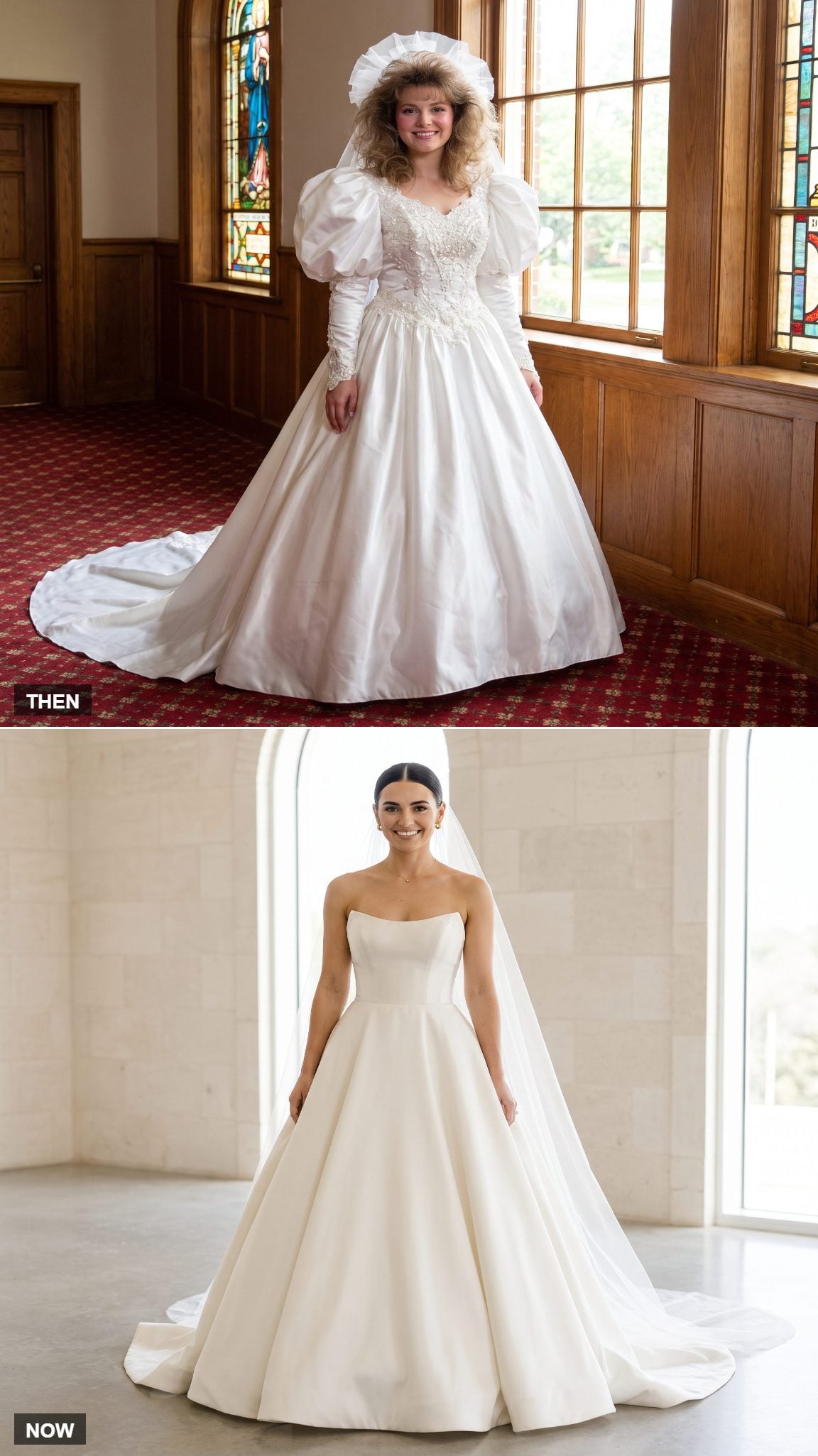 Beaded Puff-Sleeve Ball Gown → Clean Strapless Satin Ball Gown