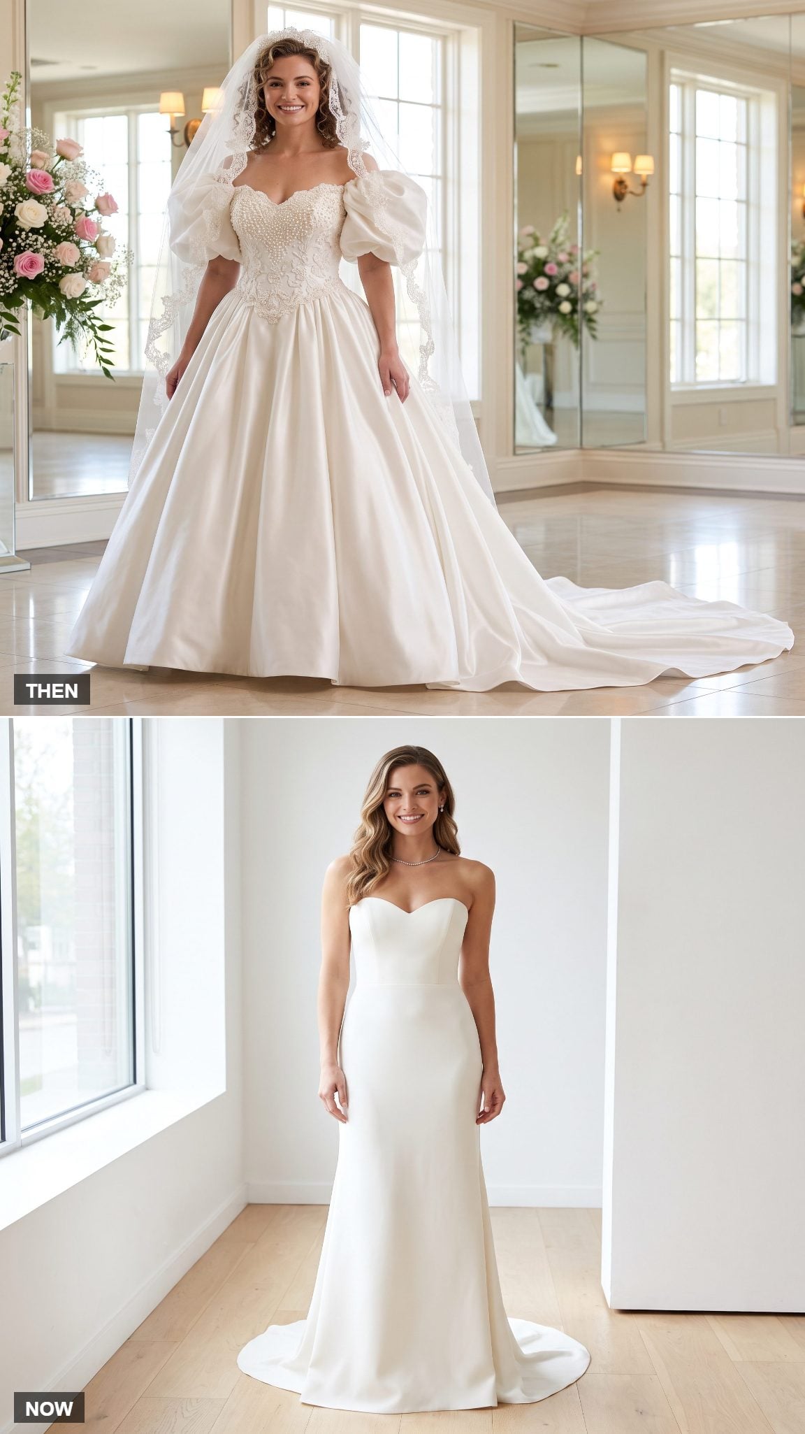 Beaded Sweetheart Puff-Sleeve Gown → Strapless Sweetheart Column