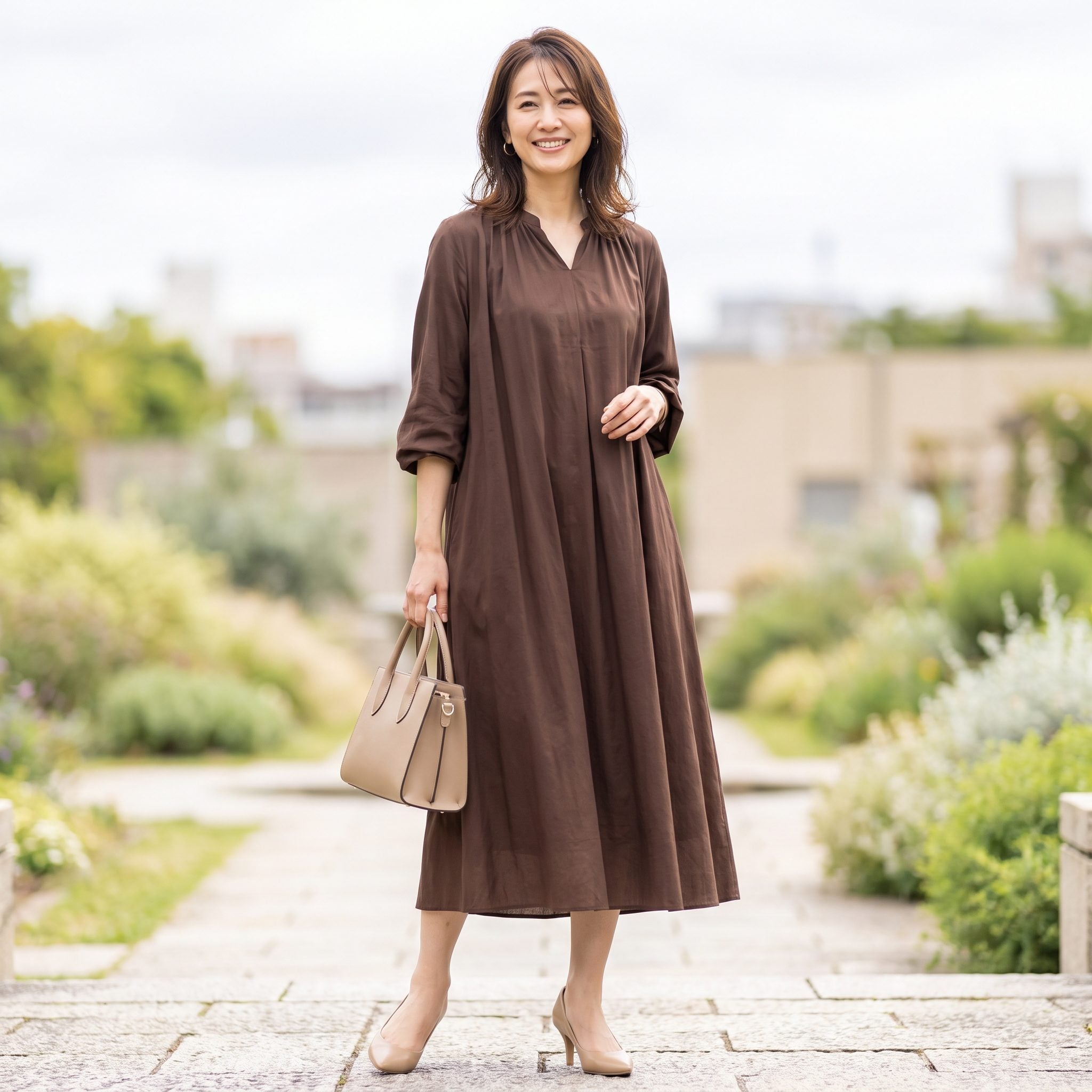 Beige Pumps + Beige Structured Handbag
