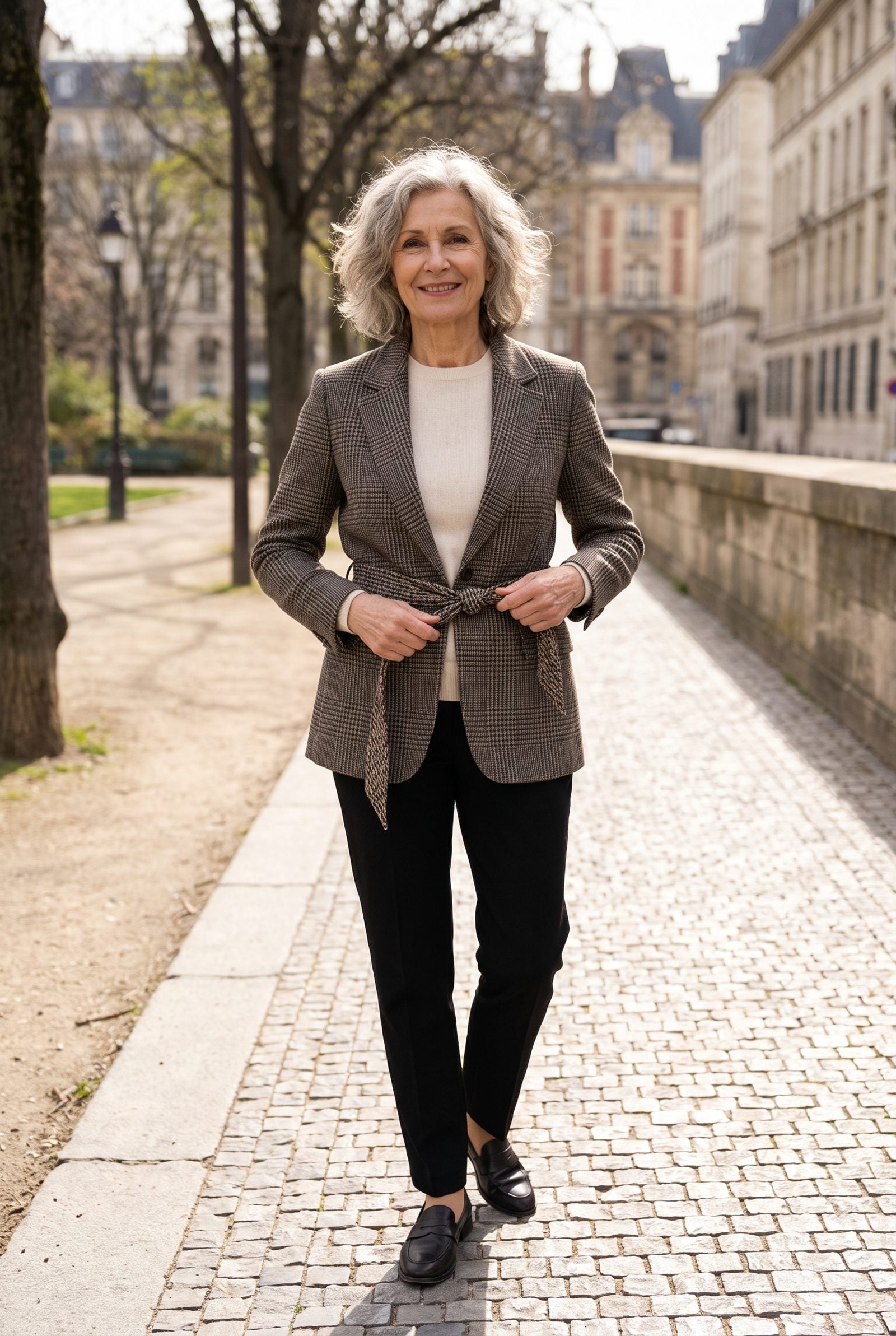 Belted Plaid Blazer Over a Fine-Knit Sweater and Black Trousers