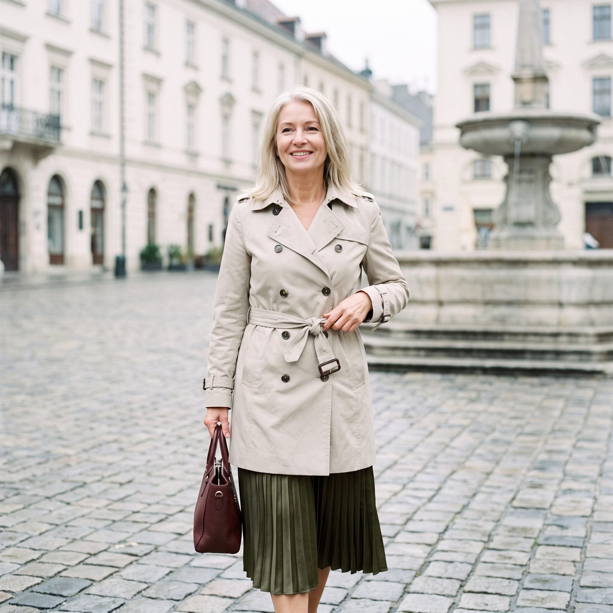 Belted Trench Over a Pleated Midi Skirt and Ballet Flats, Parisian by Accident
