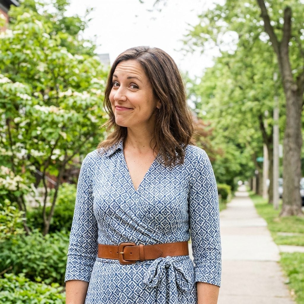 Woman in a navy wrap dress that already defines the waist, with a wide tan belt added over the existing waistline.