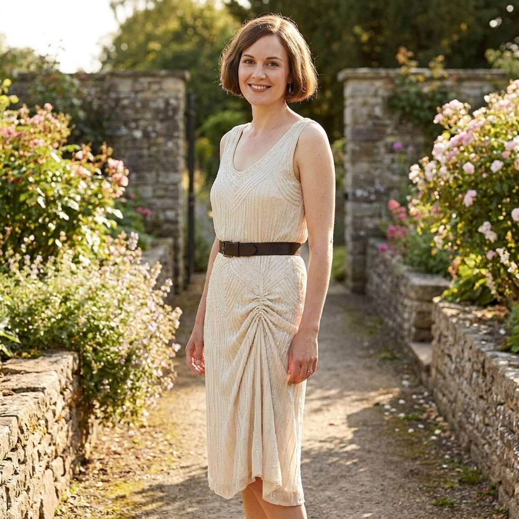 Woman in a forest-green drop-waist dress with a tan belt cinched at the natural waist above the dress's lowered waistline.