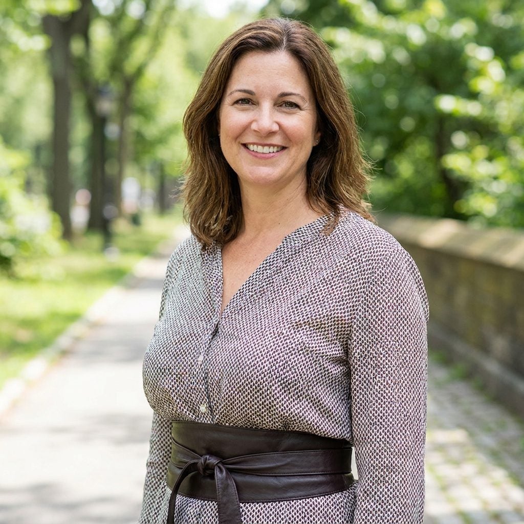 Short-waisted woman in a rust shirt dress with a brown belt cinched high just beneath the bust.