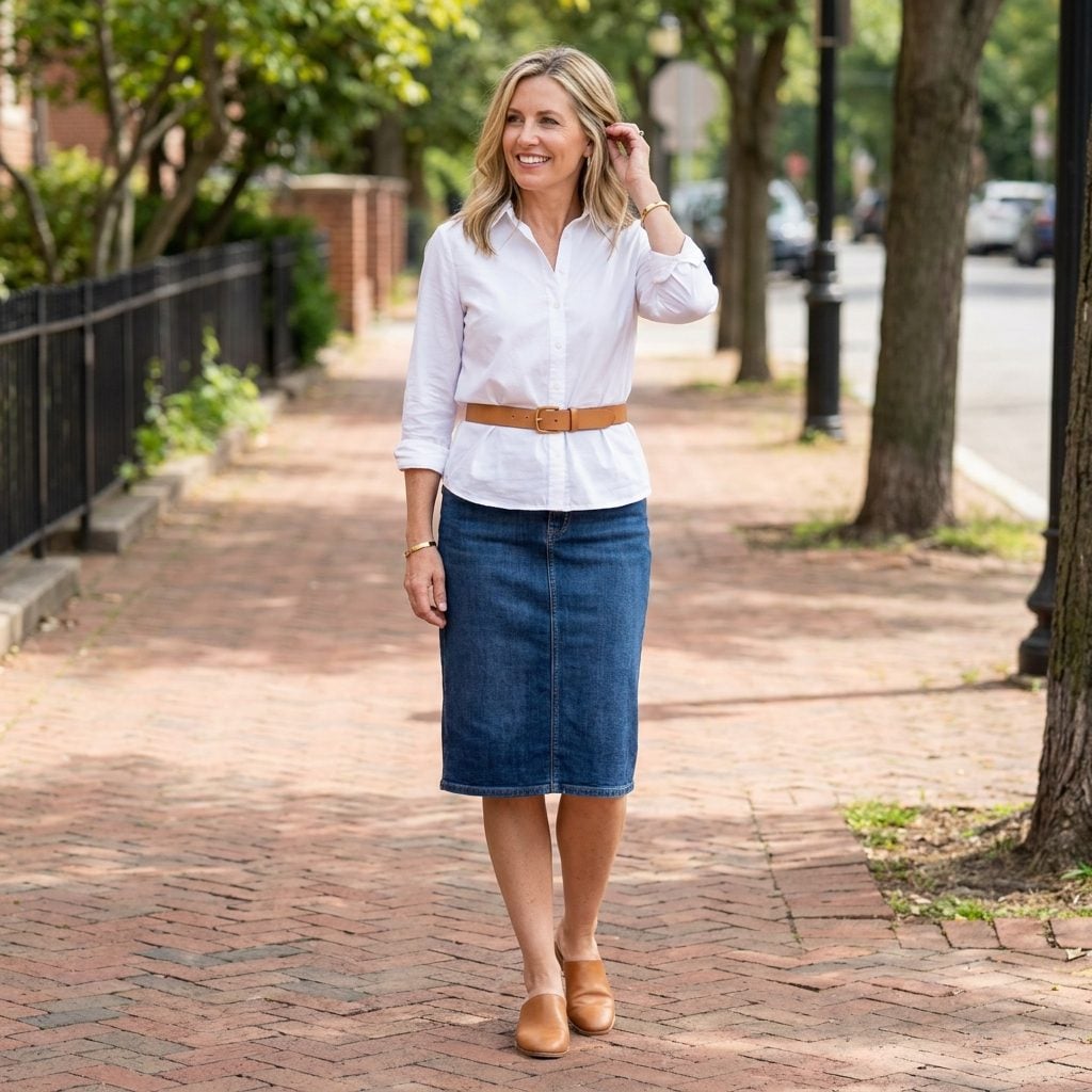 Woman in a denim skirt and white blouse with a tan belt over the untucked blouse, the fabric bunching in a ring above the waist.