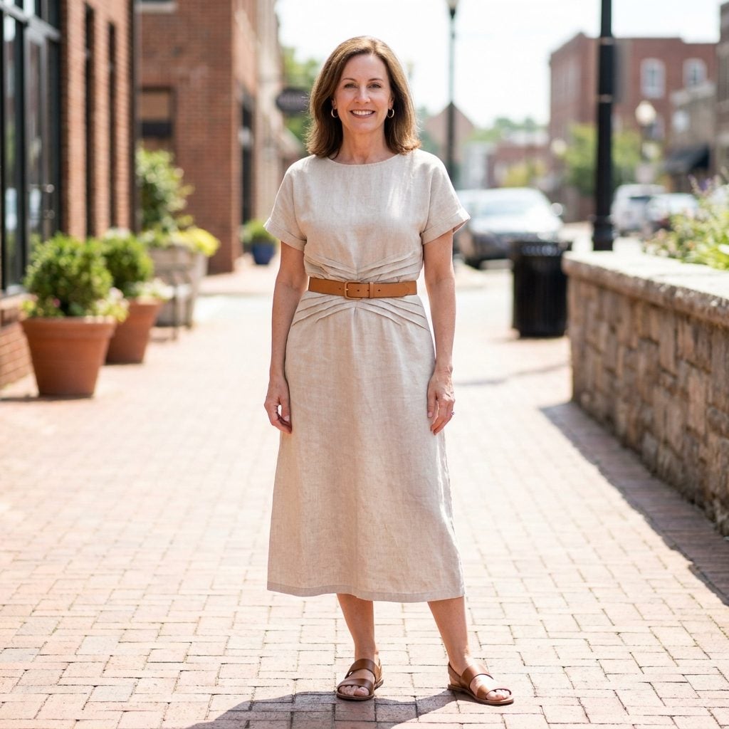 Woman in an oatmeal linen midi dress with a tan belt, the linen creased around the waistline.