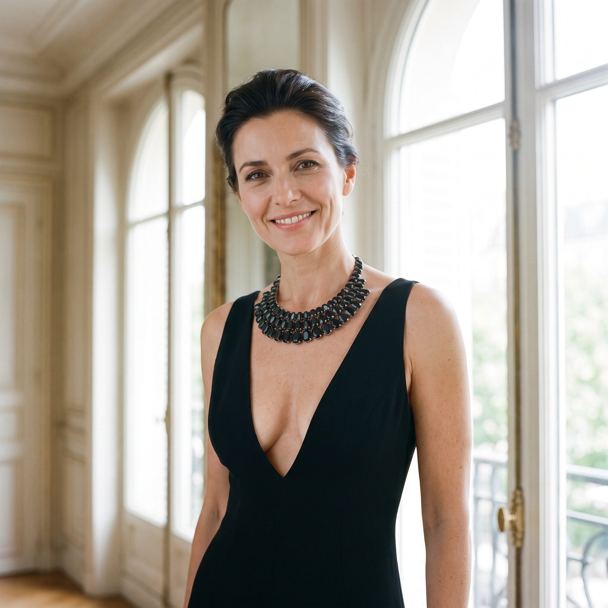 Woman in a deep-V black dress with a broad bib necklace cutting a horizontal line across the neckline.