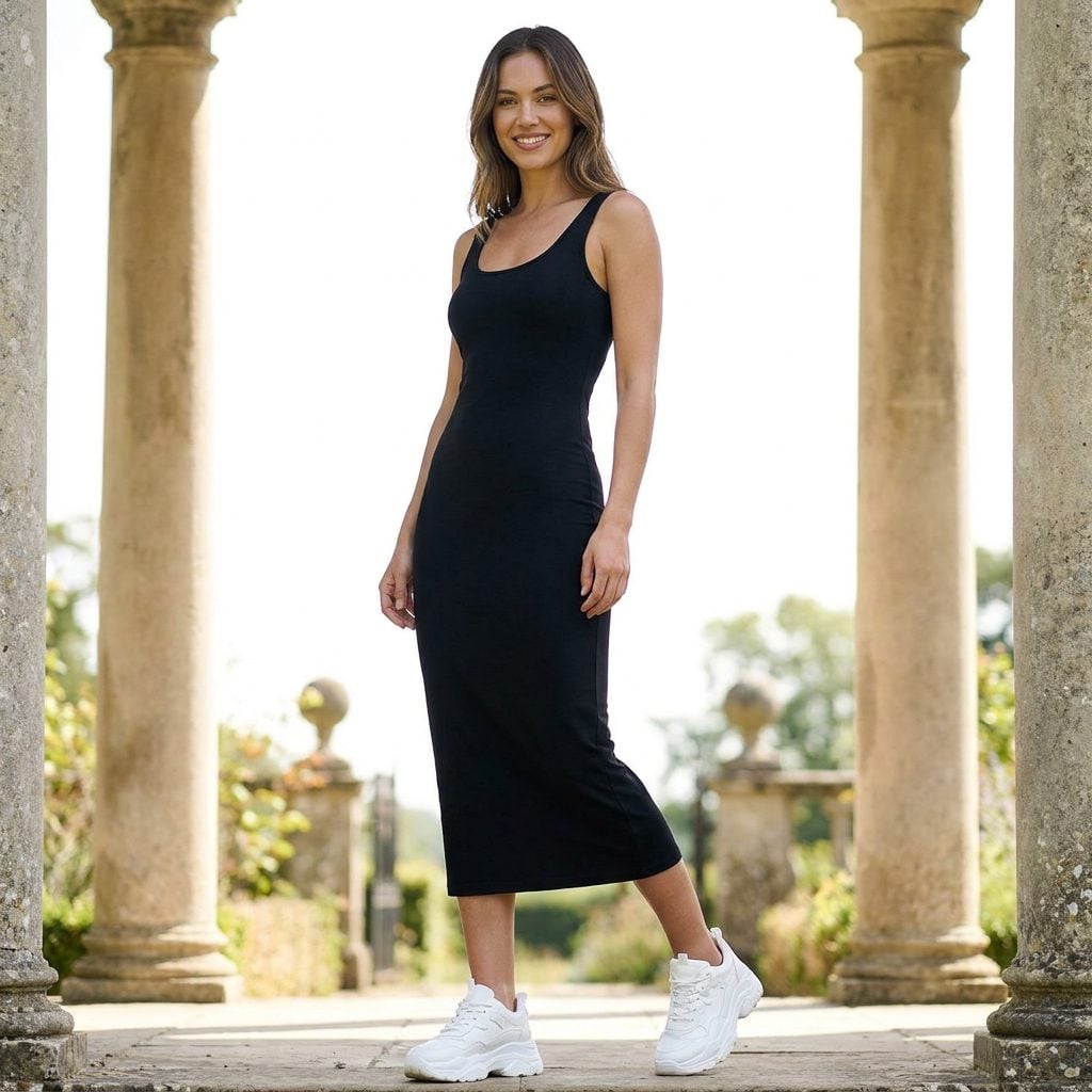 Black Bodycon Midi + Massive White Sneakers