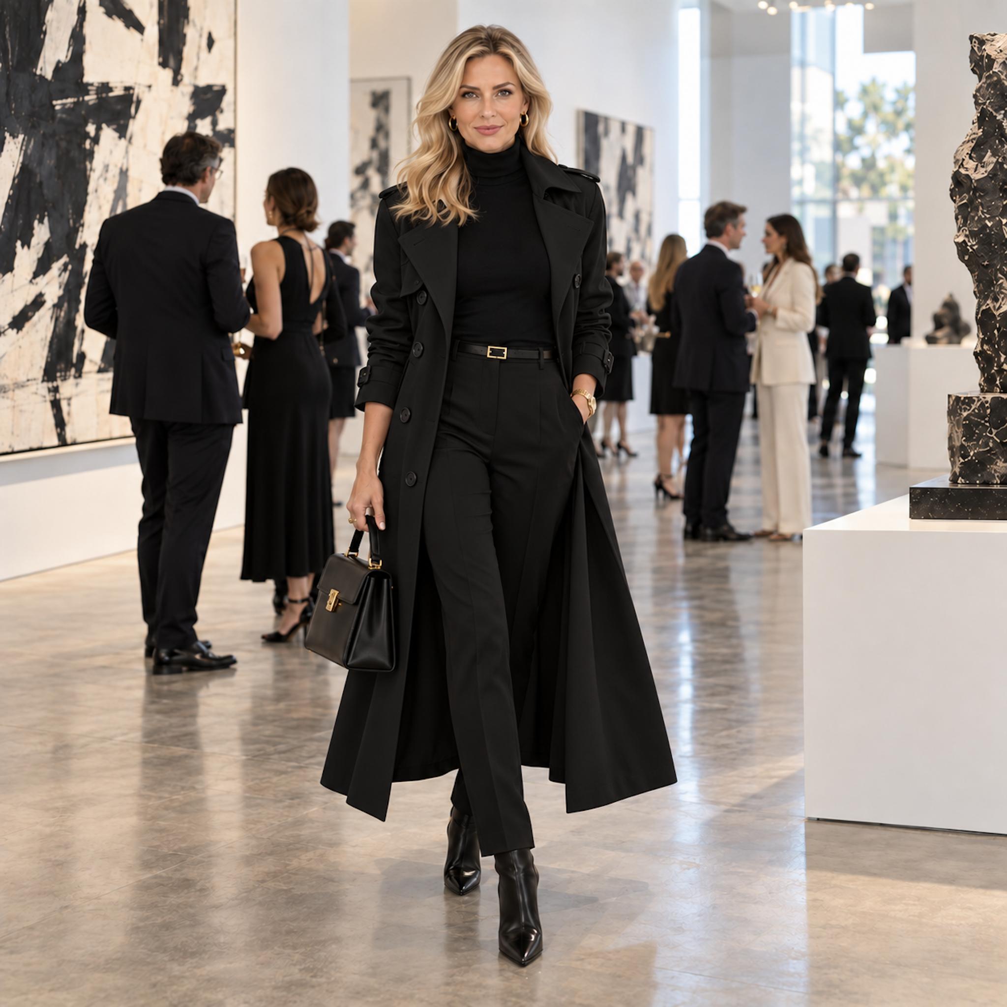 Blonde woman wearing a long black trench over a black turtleneck, tailored trousers and pointed boots at a contemporary gallery