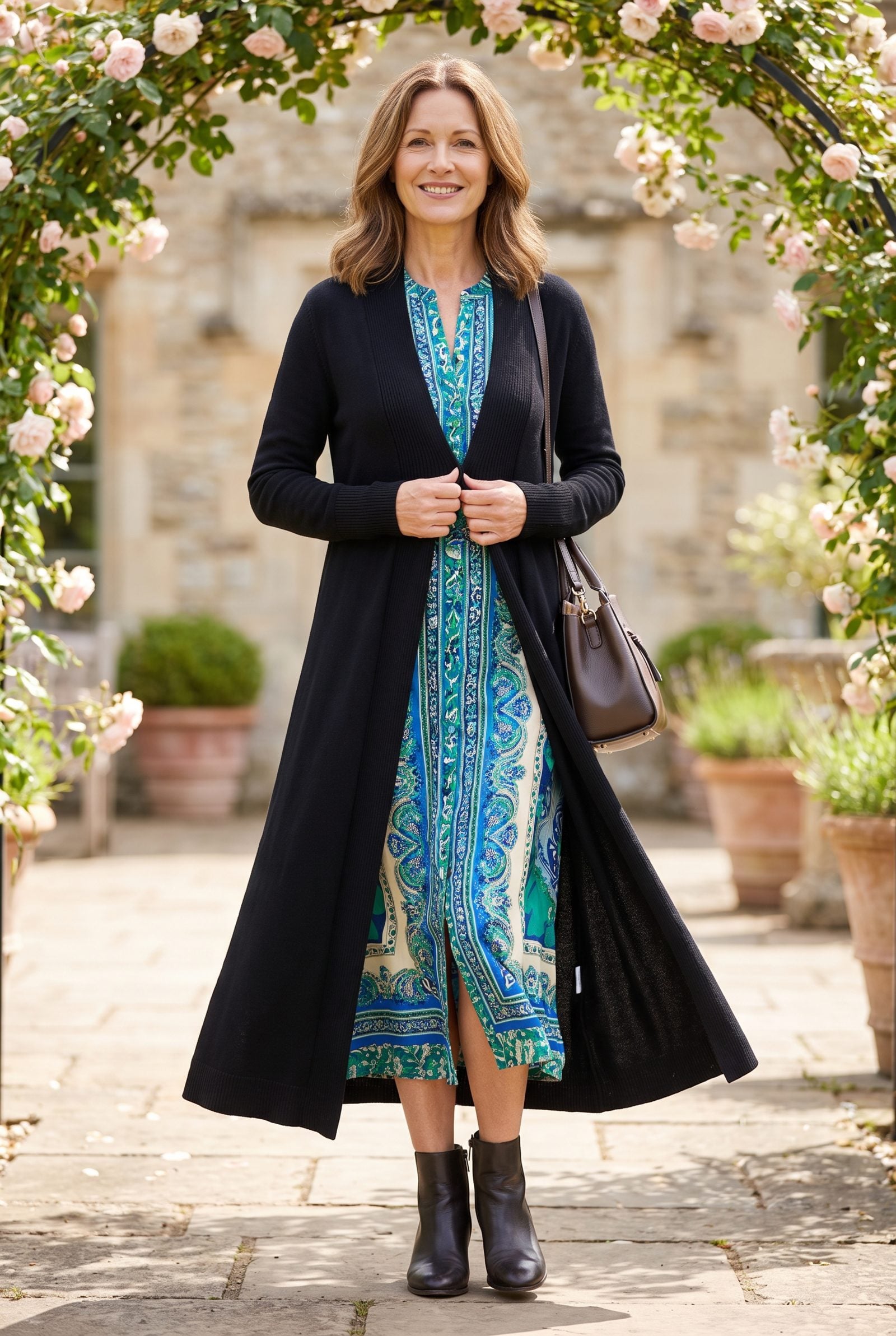 Black Duster Cardigan Over a Printed Midi Dress