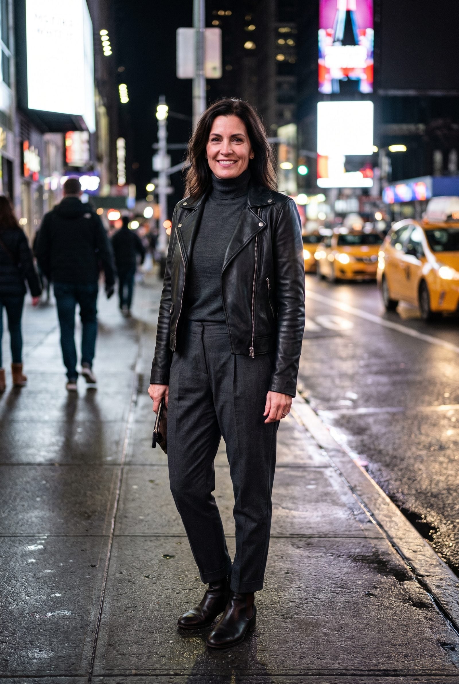 Black Leather-Look Jacket Over a Fine Knit and Pleated Trousers