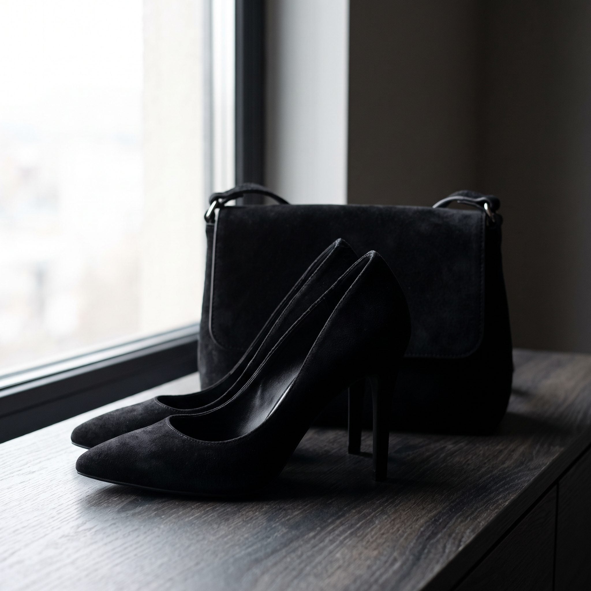 Black Suede Pumps + Black Suede Handbag