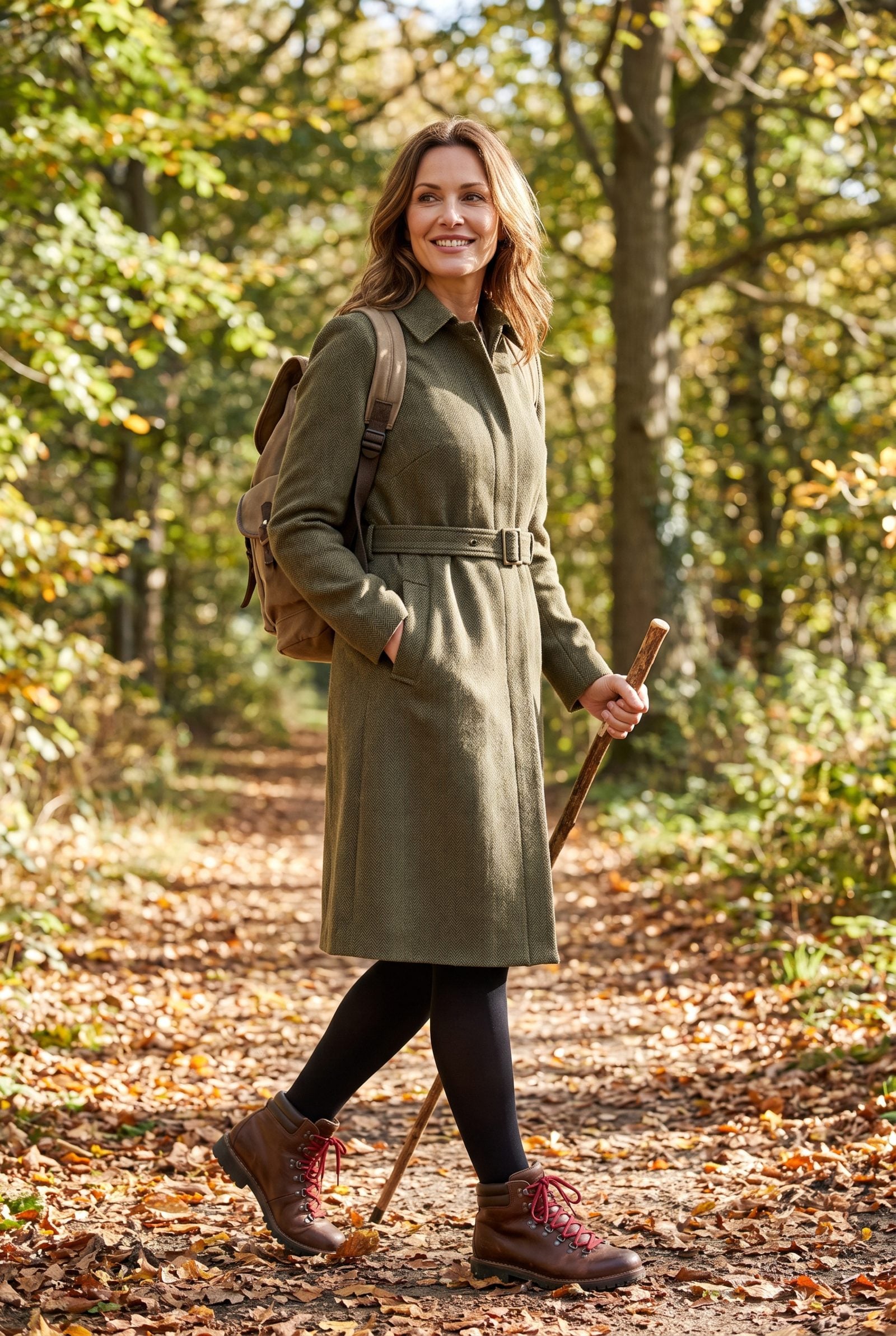 Woman in a tailored camel coatdress and black tights with brown lace-up lugged hiking boots.