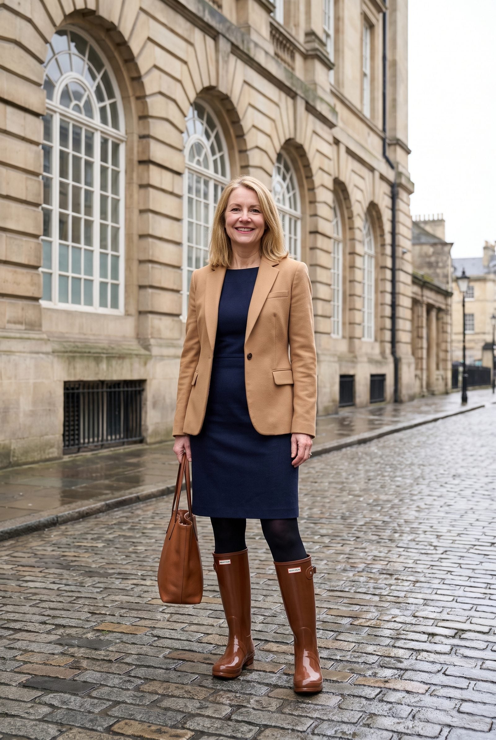 Woman in a navy office sheath dress and black tights with glossy brown rubber rain boots.