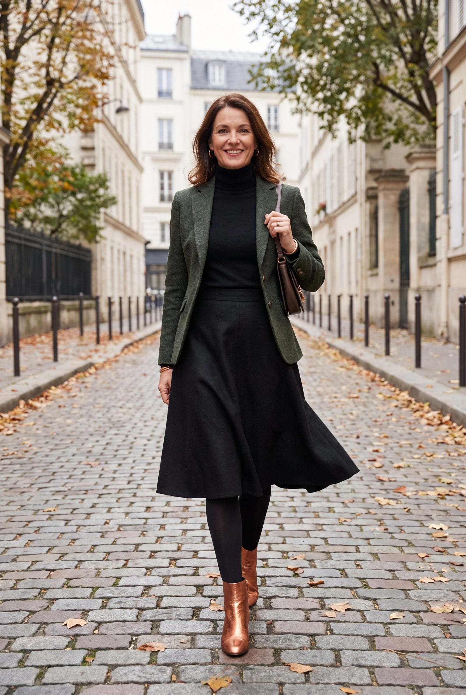 Woman in an all-black wool skirt and turtleneck with black tights and copper metallic brown booties.