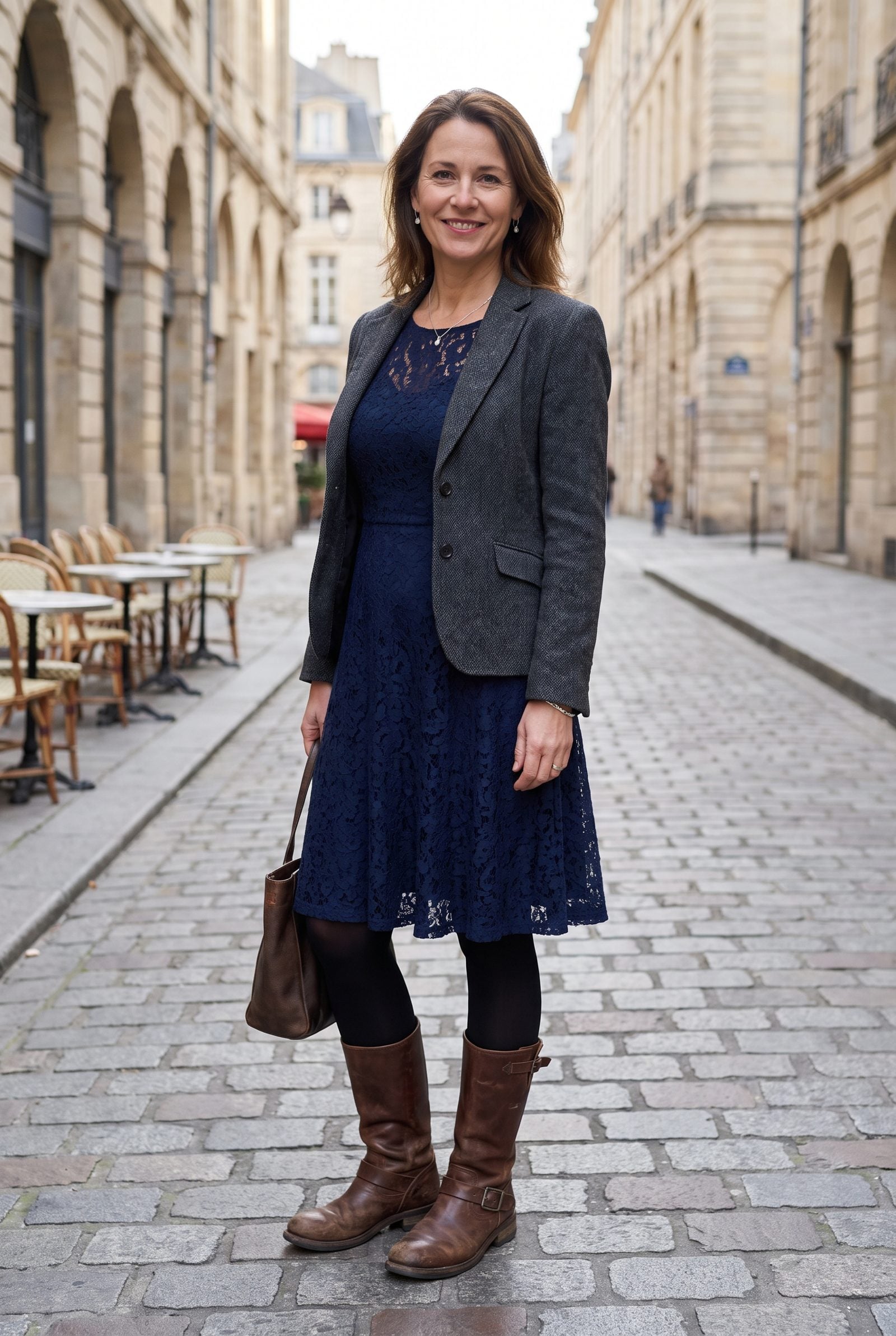 Black Tights With Distressed Brown Motorcycle Boots and a Formal Dress