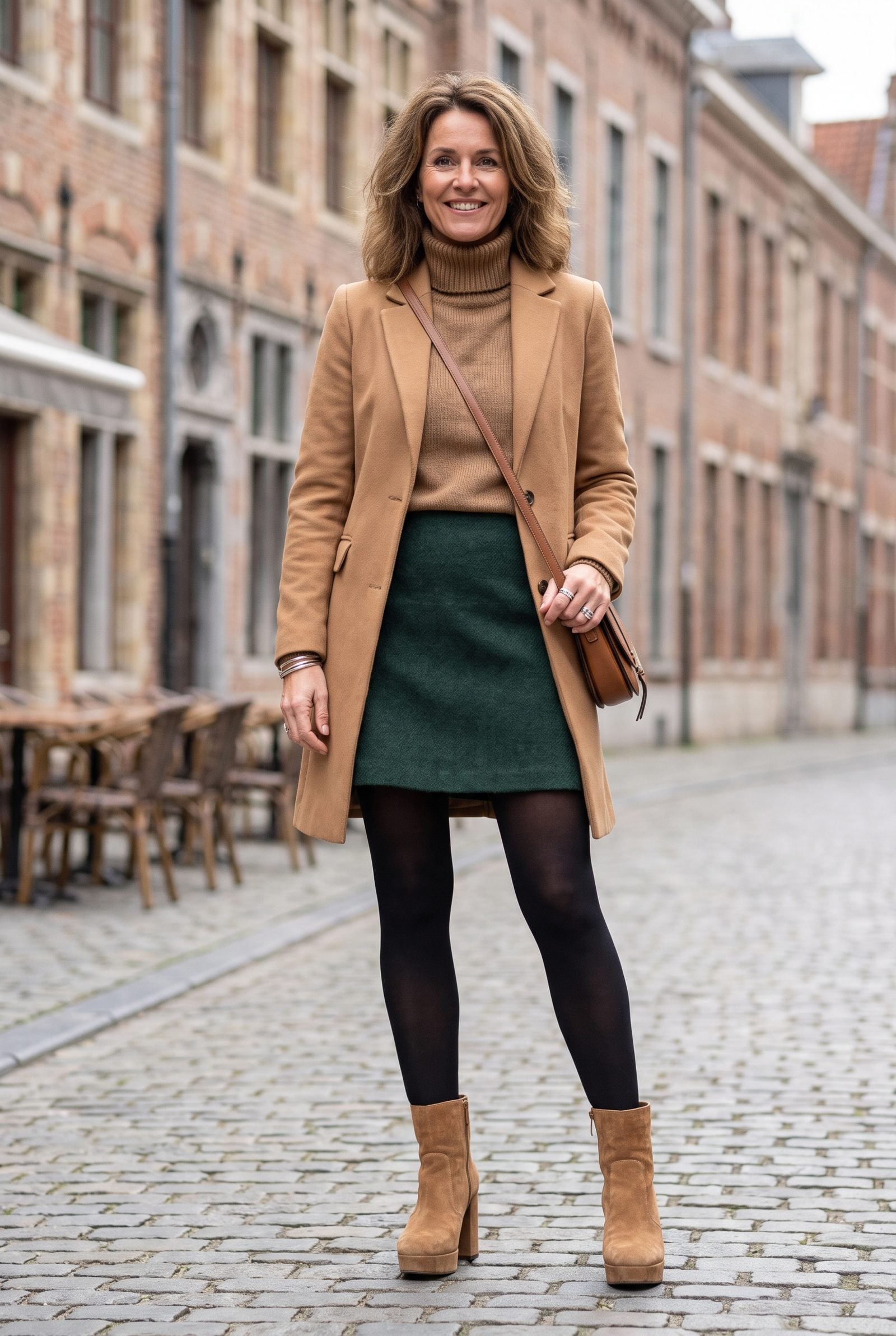 Black Tights With Light Brown Platform Boots and a Petite Hemline