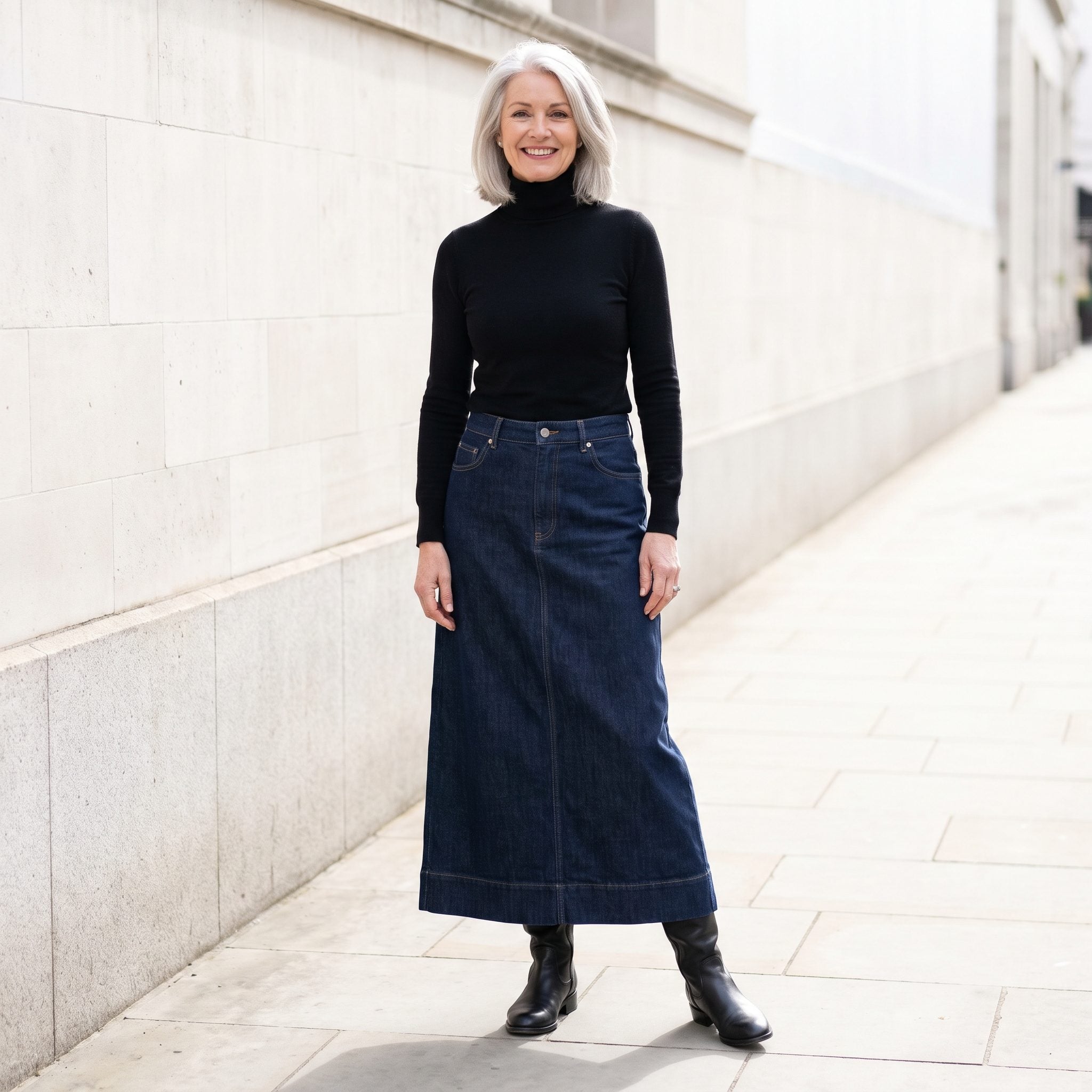 Black Turtleneck With a Denim Maxi Skirt