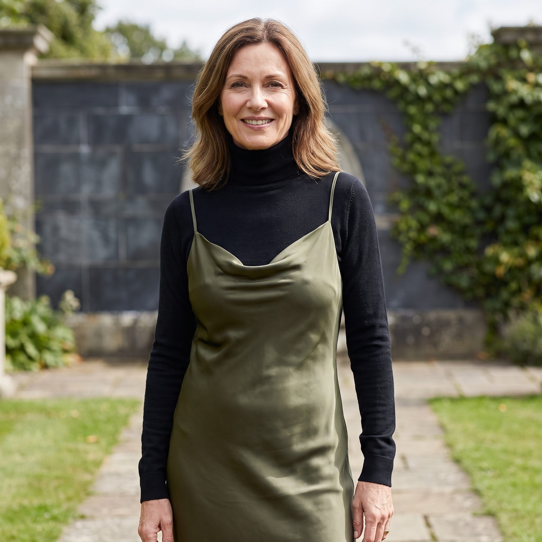 Black Turtleneck Under an Olive Satin Slip Dress