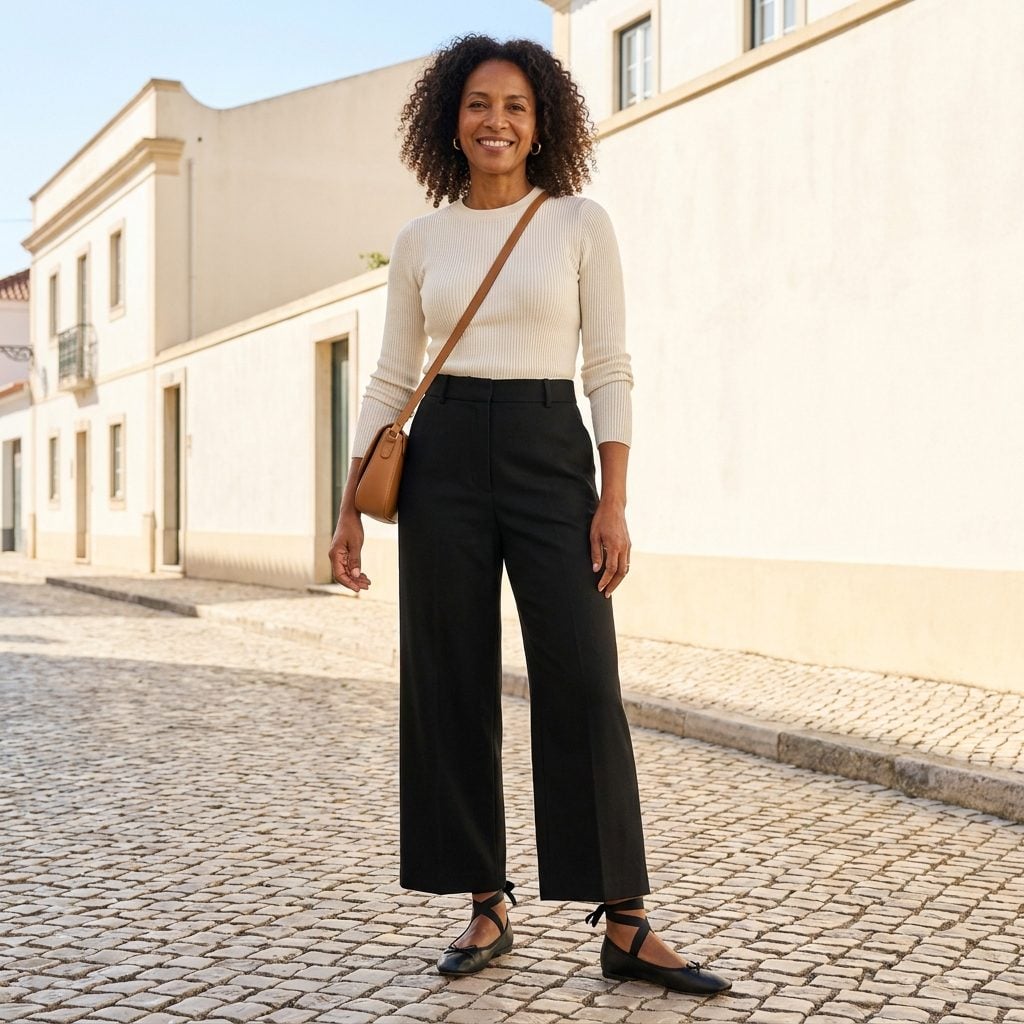 Black Wide-Leg Trousers + Ballet Flats With a Grosgrain Ankle Tie