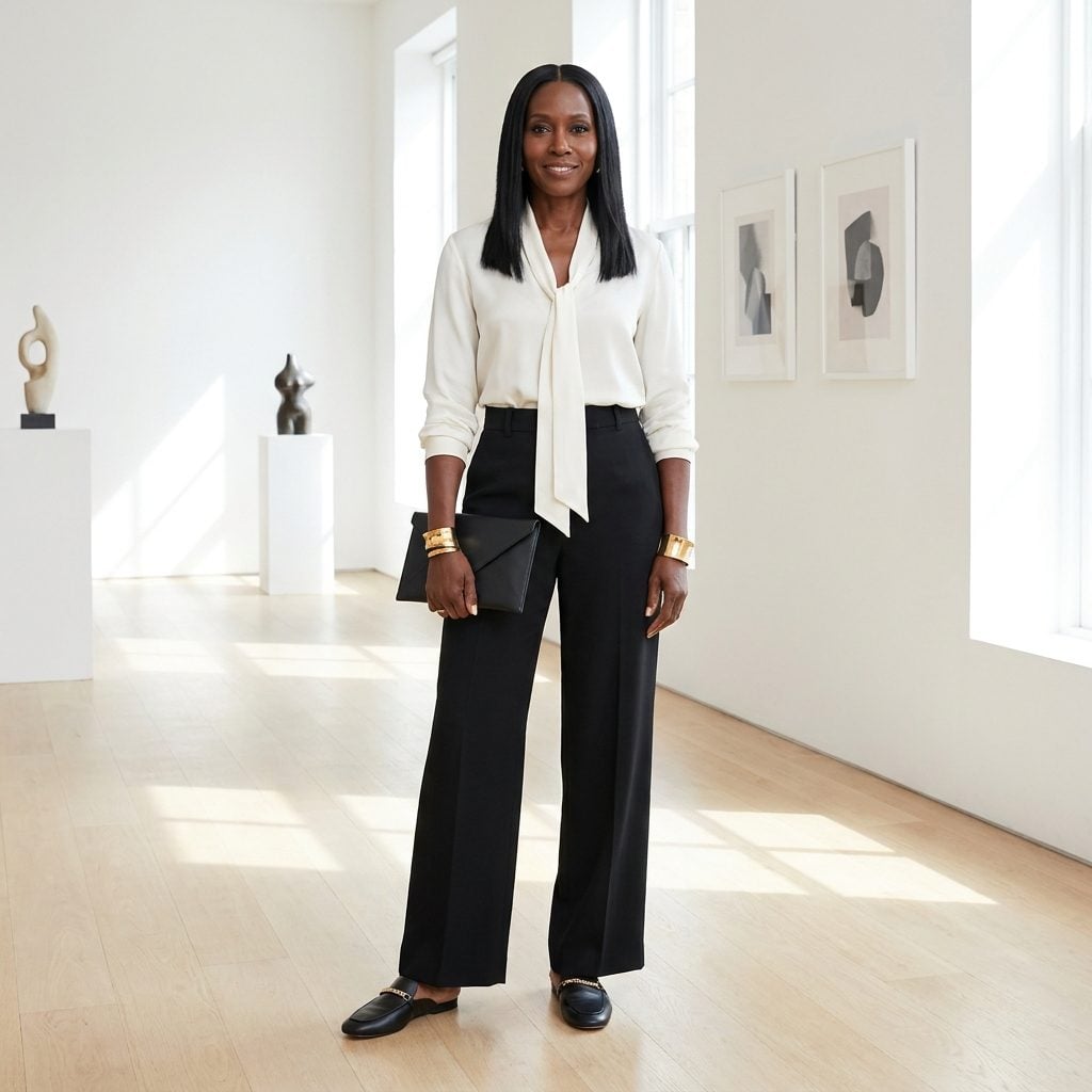 Black Wide-Leg Trousers + Gold Chain-Detail Flat Mules