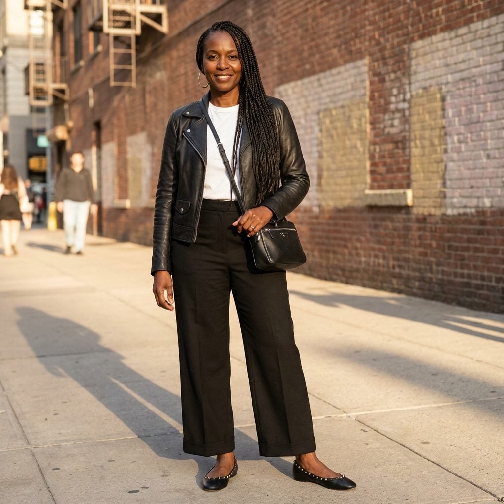 Black Wide-Leg Trousers + Studded Ballet Flats