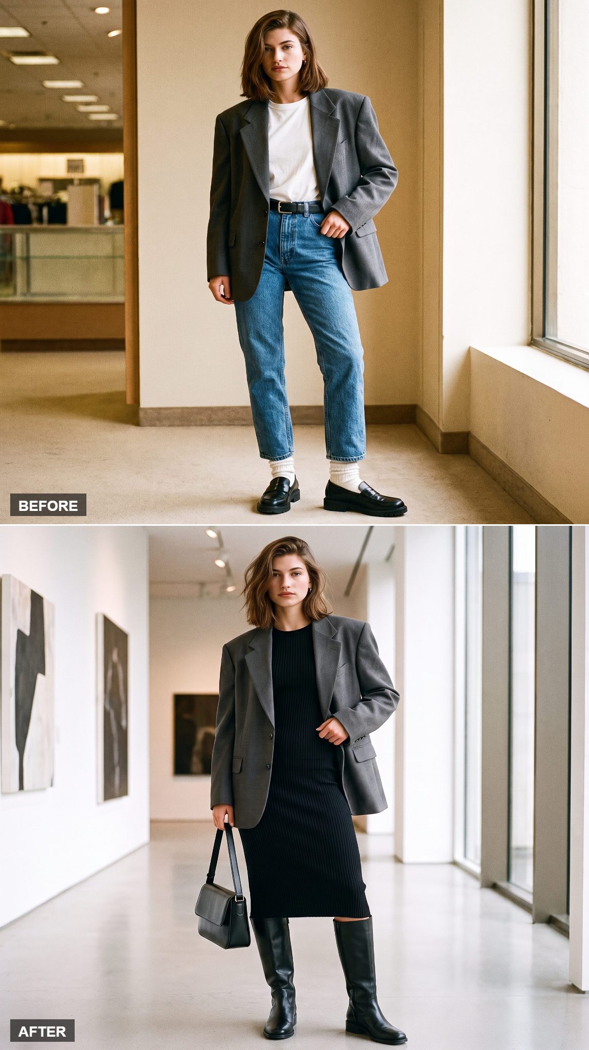 The Blazer Becomes a Coat Over a Rib-Knit Dress