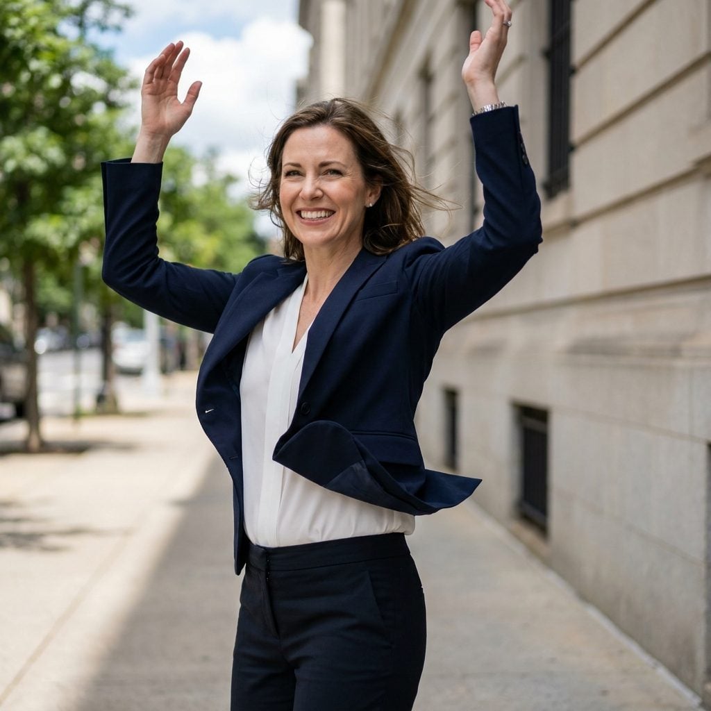 Woman in a navy blazer and cream trousers, the jacket ridden up with shoulder seams sitting two inches above her shoulders