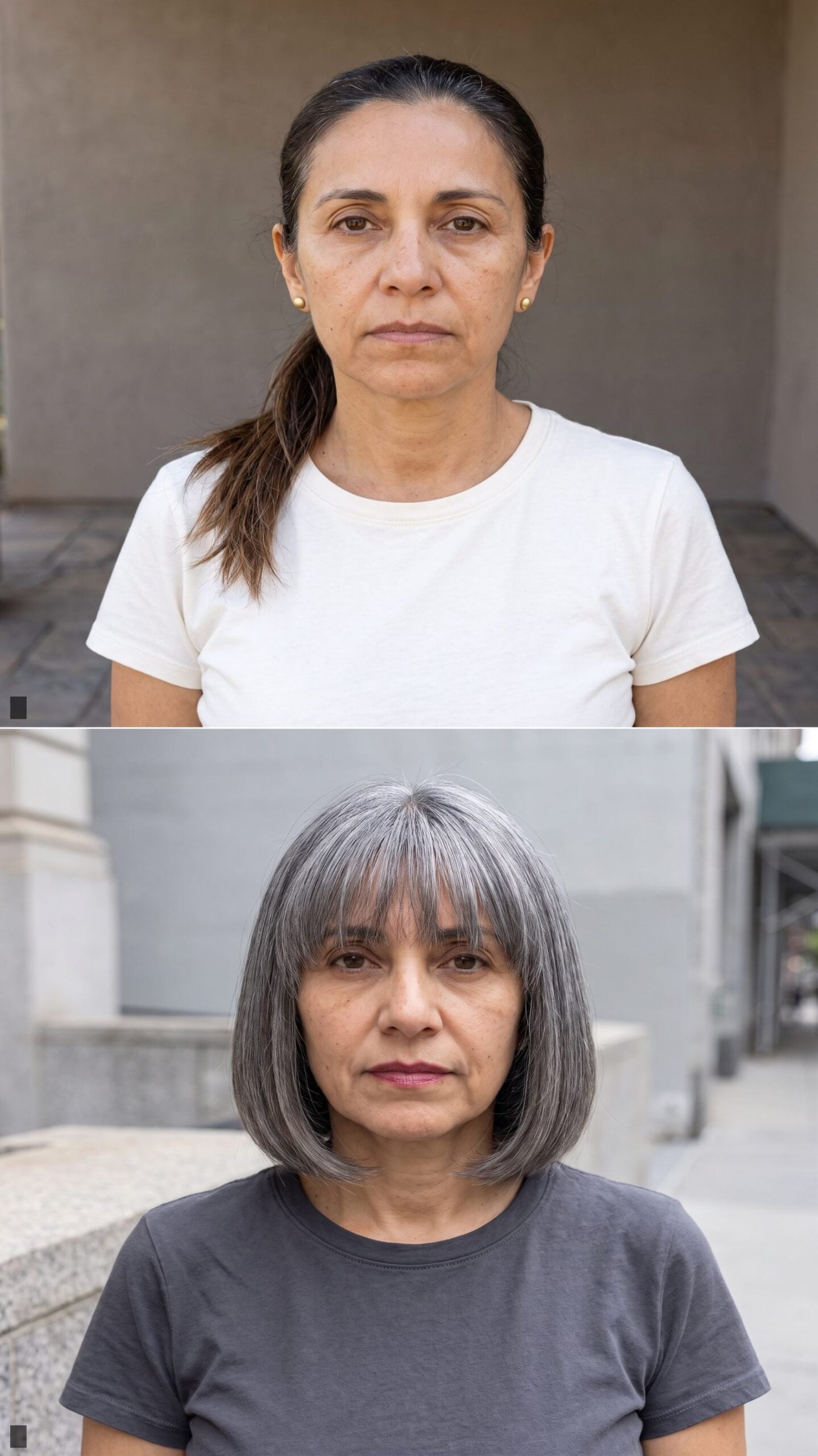 Blunt French Bob with Silver Grown Out to Glossy Pewter