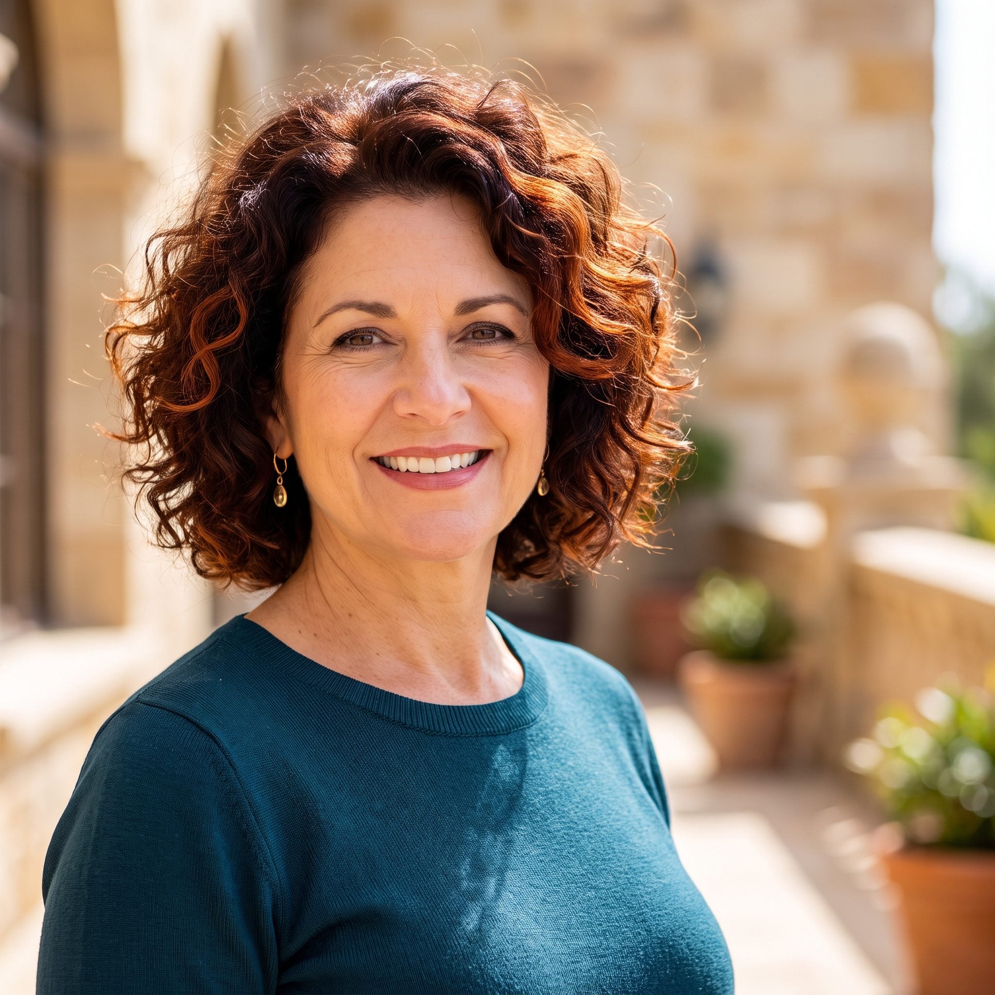 Woman with curly-wavy auburn hair whose layers, cut wet, dried much shorter than intended and now sit high around her face.