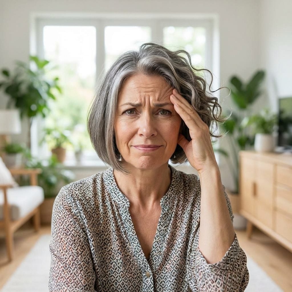 Woman with a wavy silver bob blown half-straight while her natural wave returns at the roots on one side.