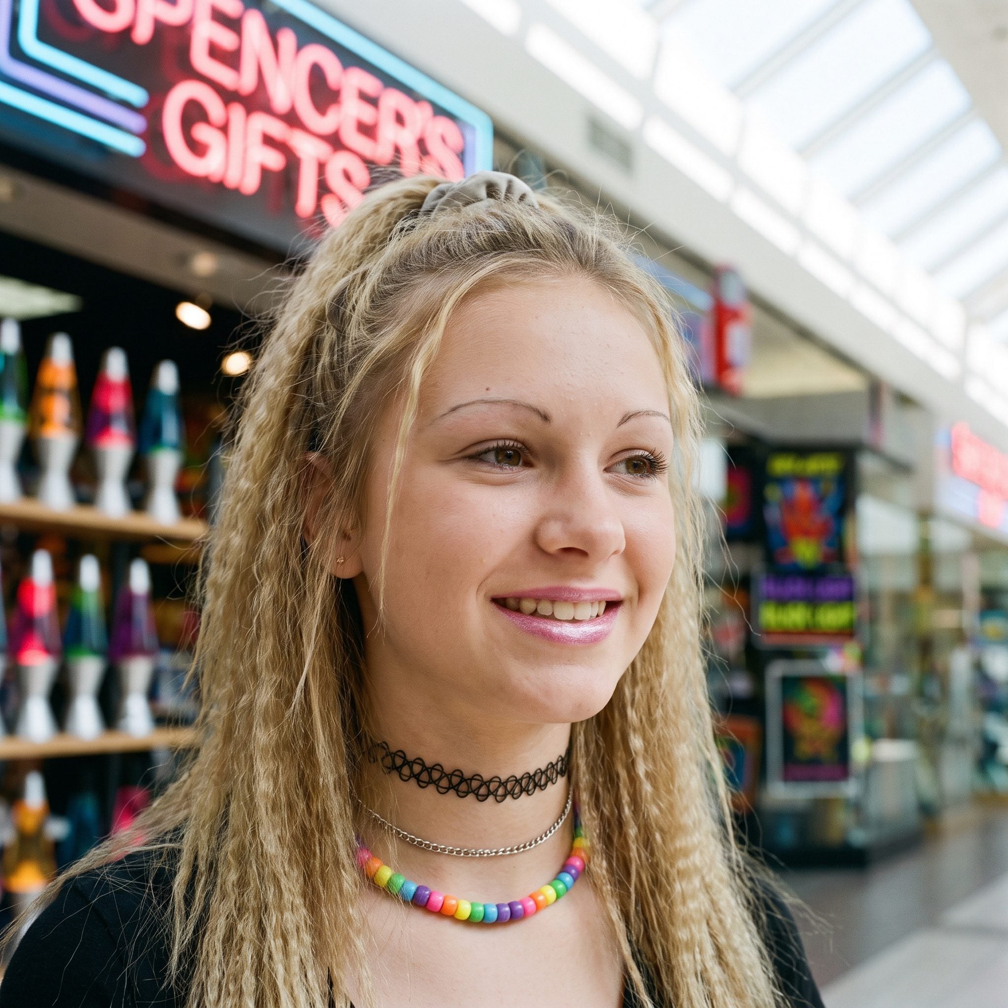 Layered metal chokers from Spencer's in a late-1990s mall outfit