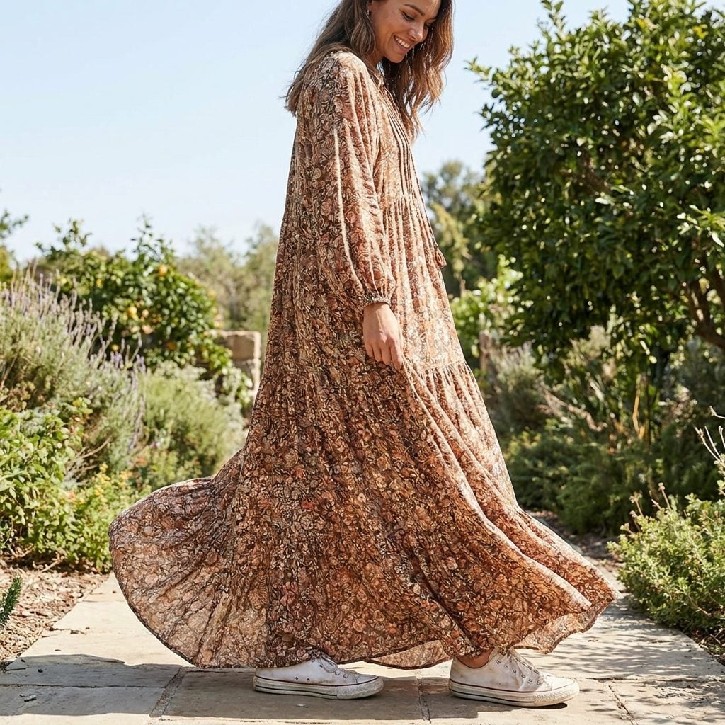 Woman in a terracotta floral bohemian maxi dress with the hem pooling over flat white canvas sneakers.