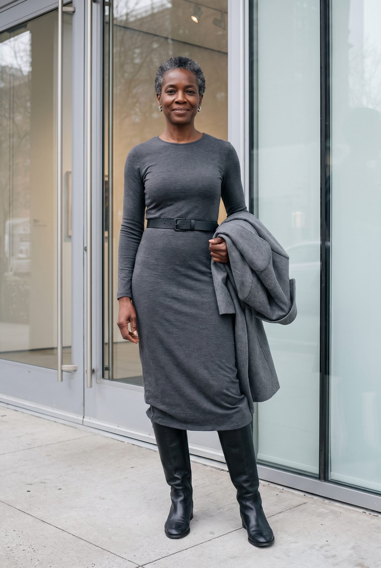 Woman in a charcoal jersey midi and black tall boots, the soft hem bunching over the rigid boot shafts.