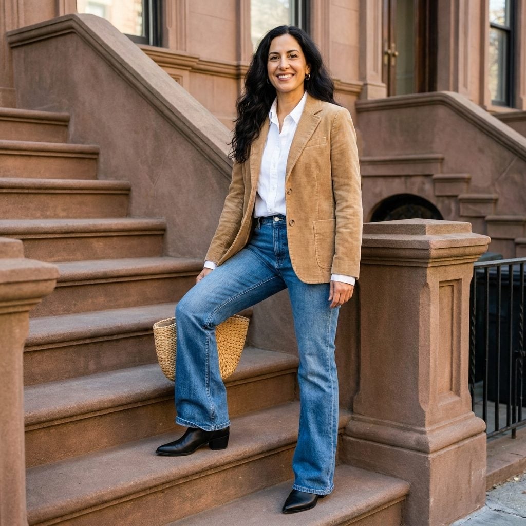 Woman in medium-wash bootcut jeans and white shirt with slim pointed ankle boots, the wide flare bunching over the narrow boot.