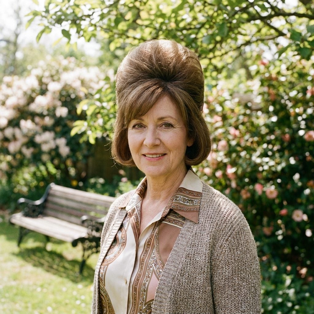 Woman with a honey-blonde bob teased into a high rounded bouffant lacquered into a rigid dome at the crown.
