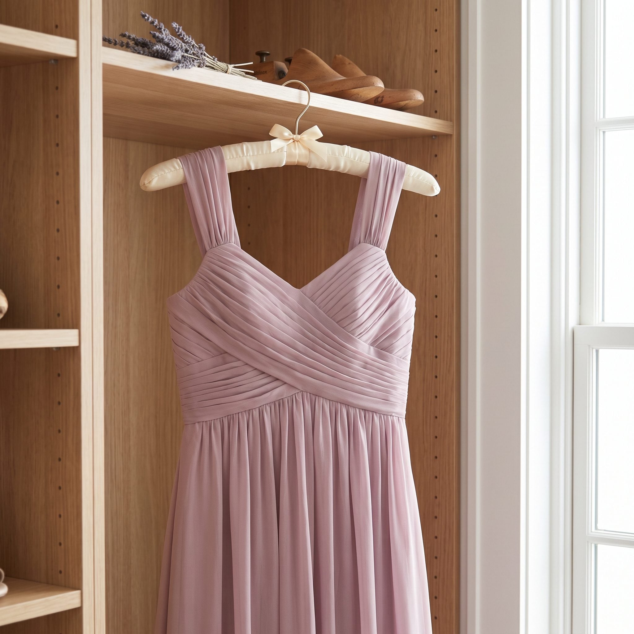 Dusty-mauve chiffon bridesmaid dress with a gathered waist and flowing skirt