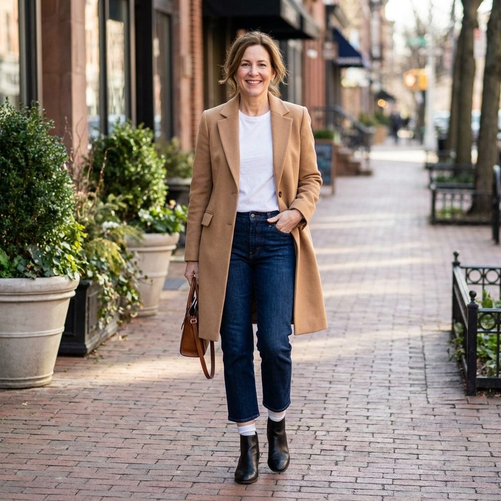 Woman in cropped dark jeans, camel coat and black ankle boots, a band of white sock showing at the ankle.