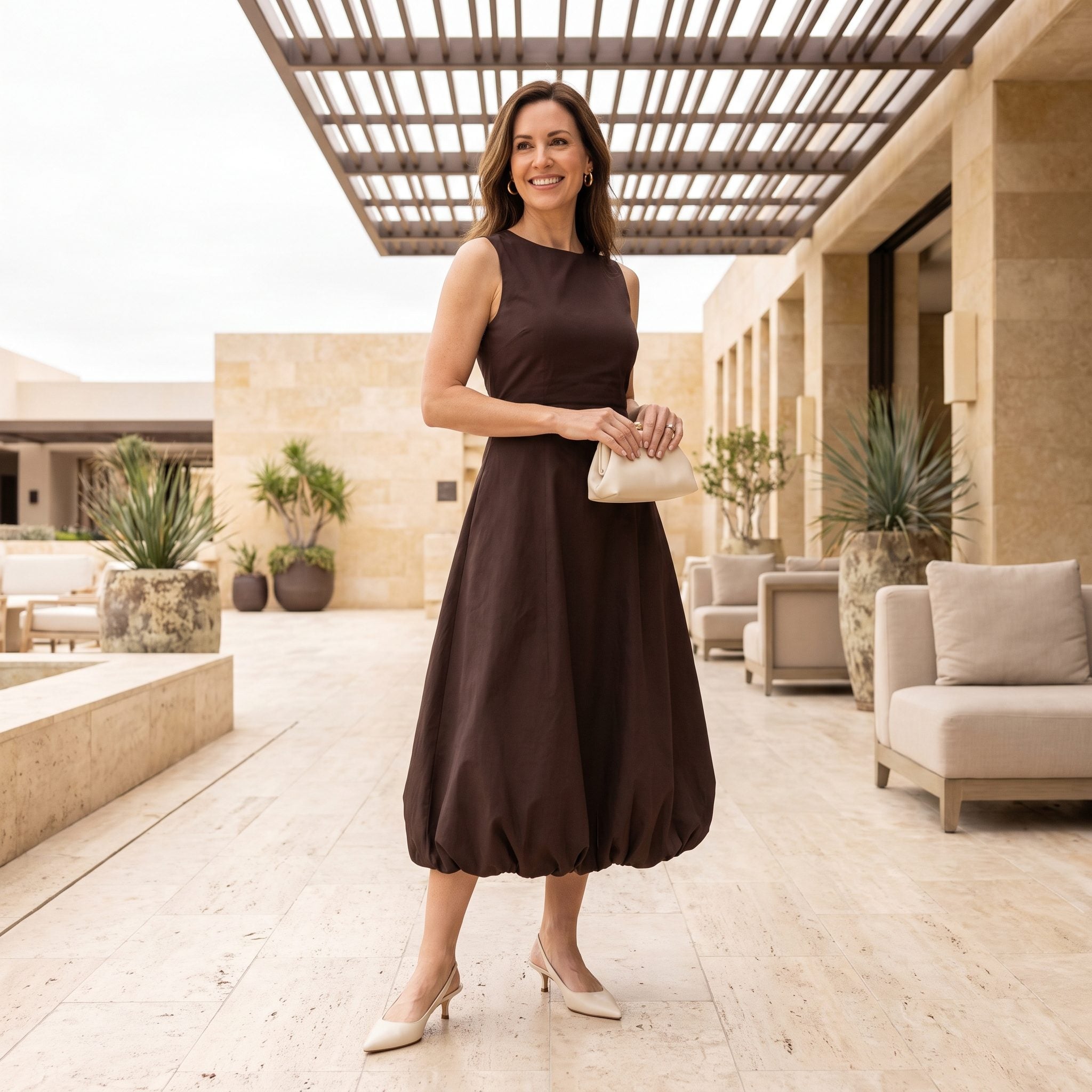 Bubble-Hem Midi Dress + Minimal Kitten-Heel Slingbacks