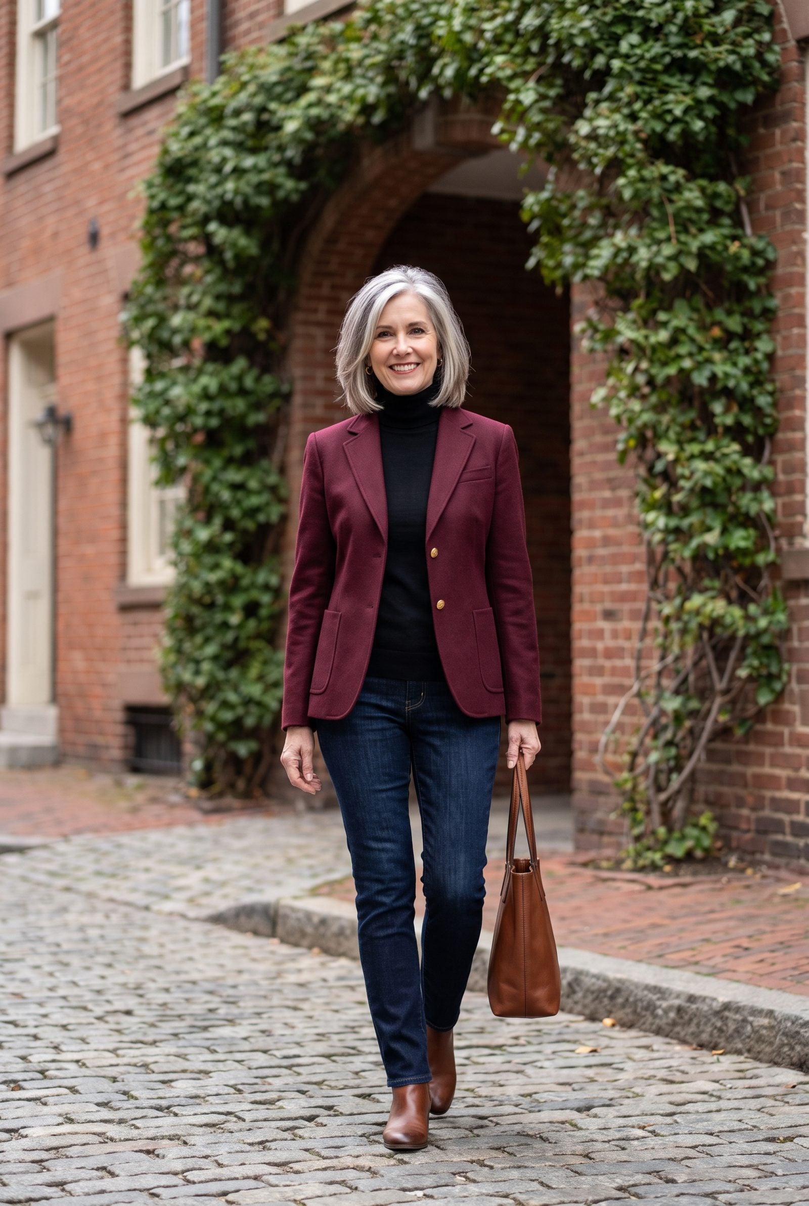 Burgundy Blazer Over a Black Turtleneck and Dark Denim