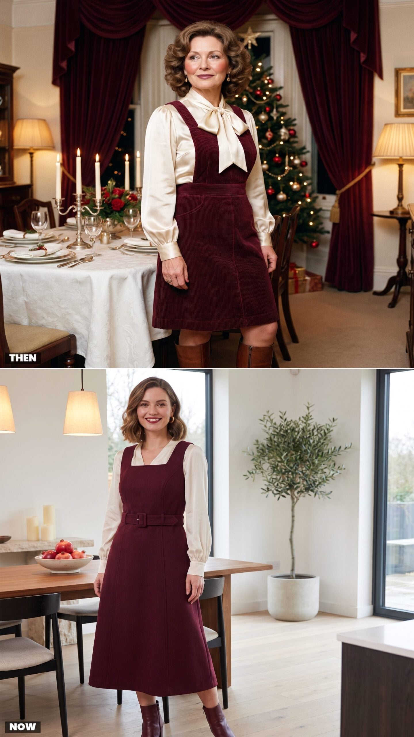 The Burgundy Pinafore Dress Over a Satin Blouse