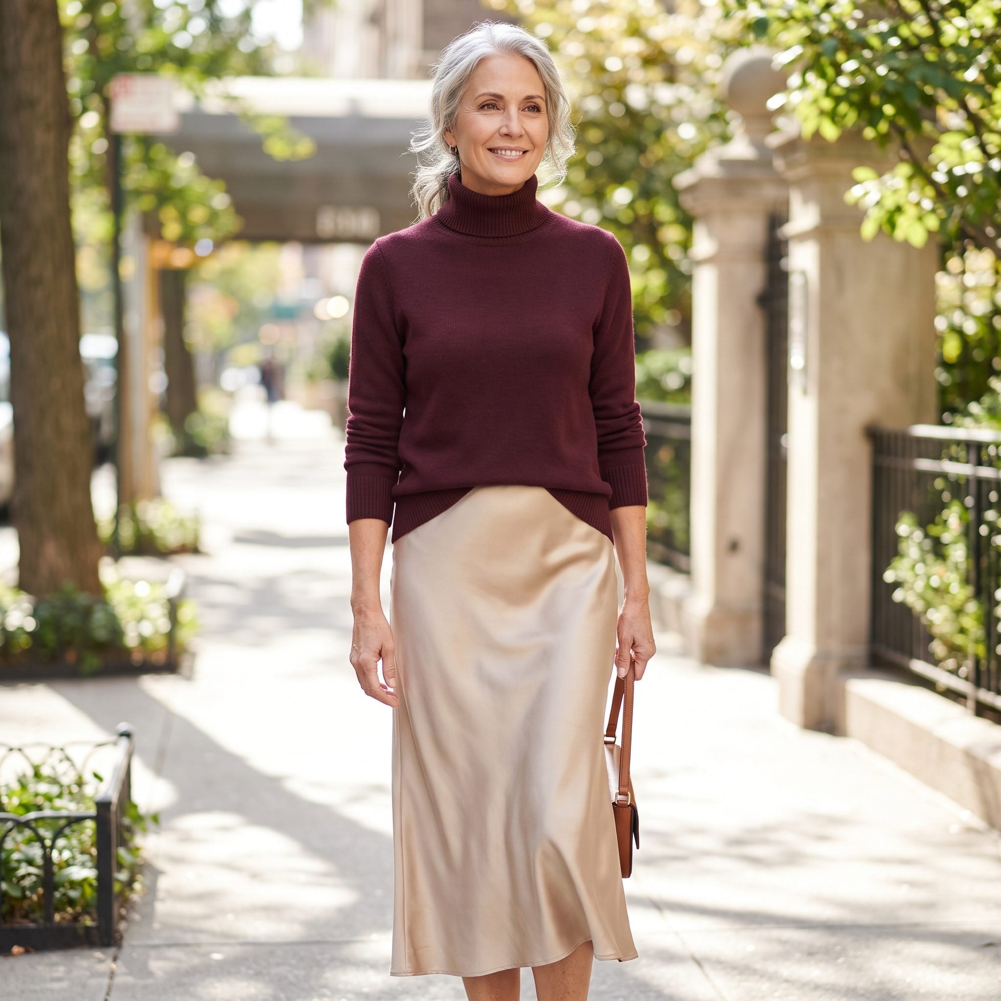 Burgundy Turtleneck With a Champagne Satin Skirt
