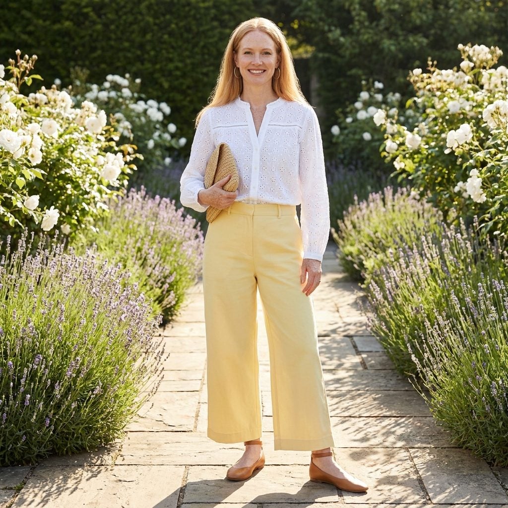 Butter Yellow Wide-Leg Trousers + Tan Ankle-Strap Flats