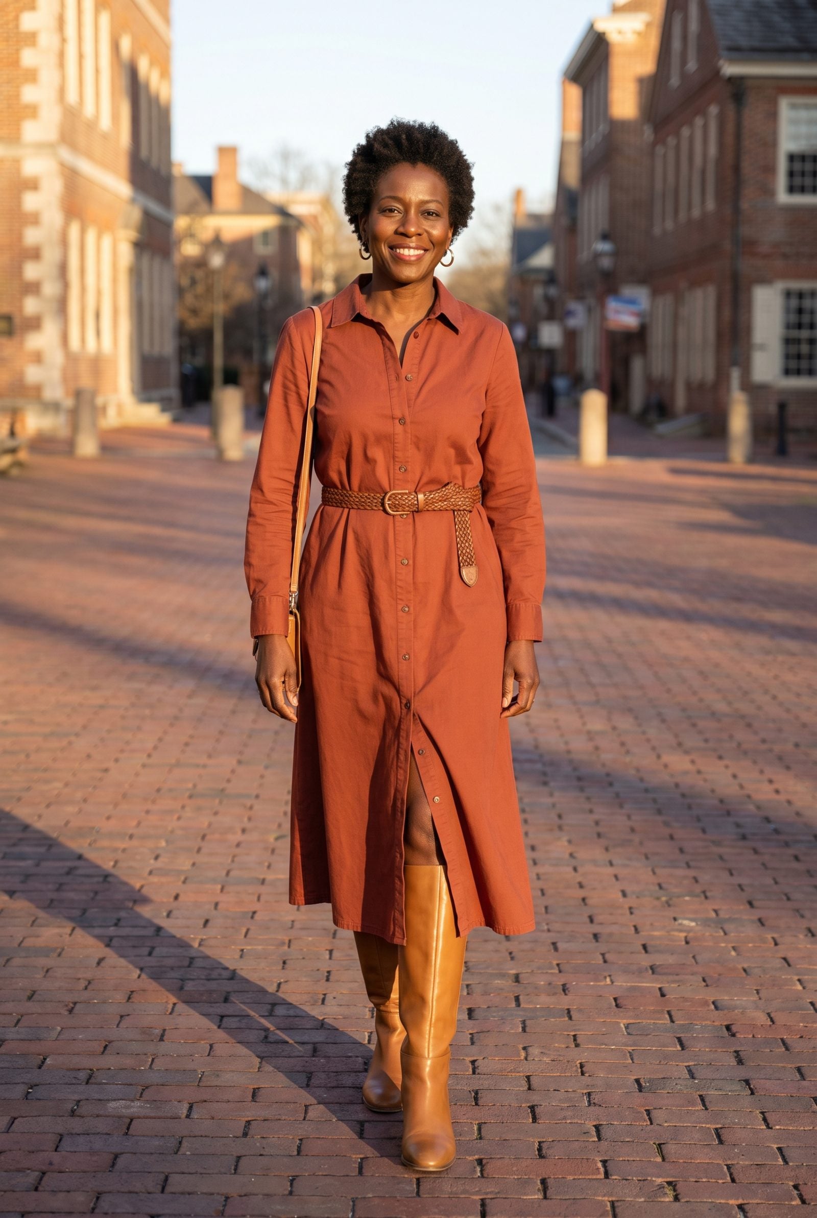 Woman in a rust button-front midi dress and tan boots, one lower button pulled open showing a small gap of skin above the